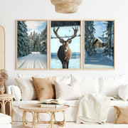 Winter Scene Wall Art – Snowy Forest, Deer & Cabin - Natural Wood Framed Poster No Border - Artworksets