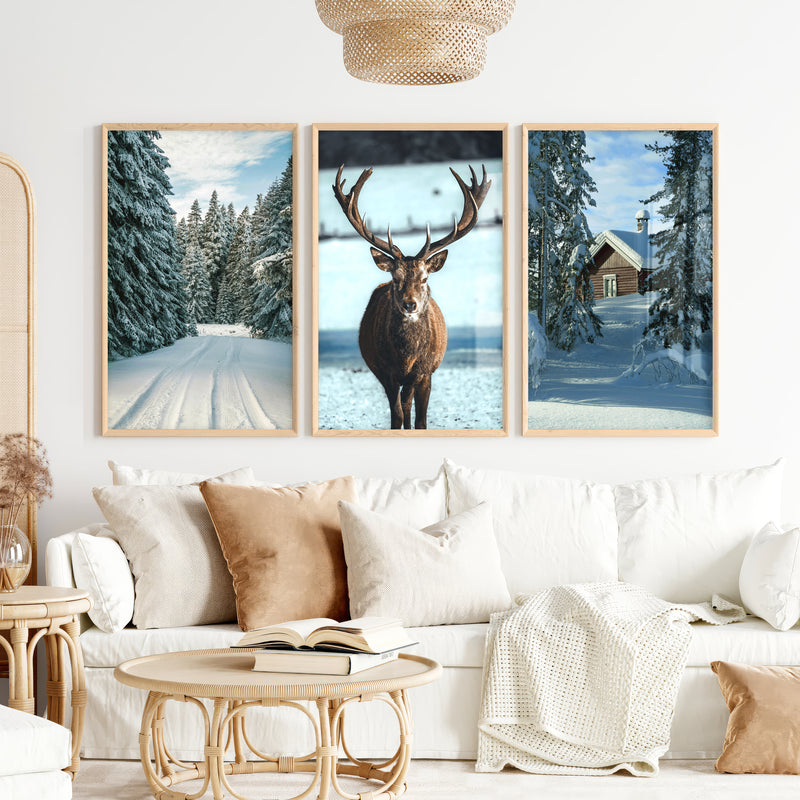 Winter Scene Wall Art – Snowy Forest, Deer & Cabin - Natural Wood Framed Poster No Border - Artworksets