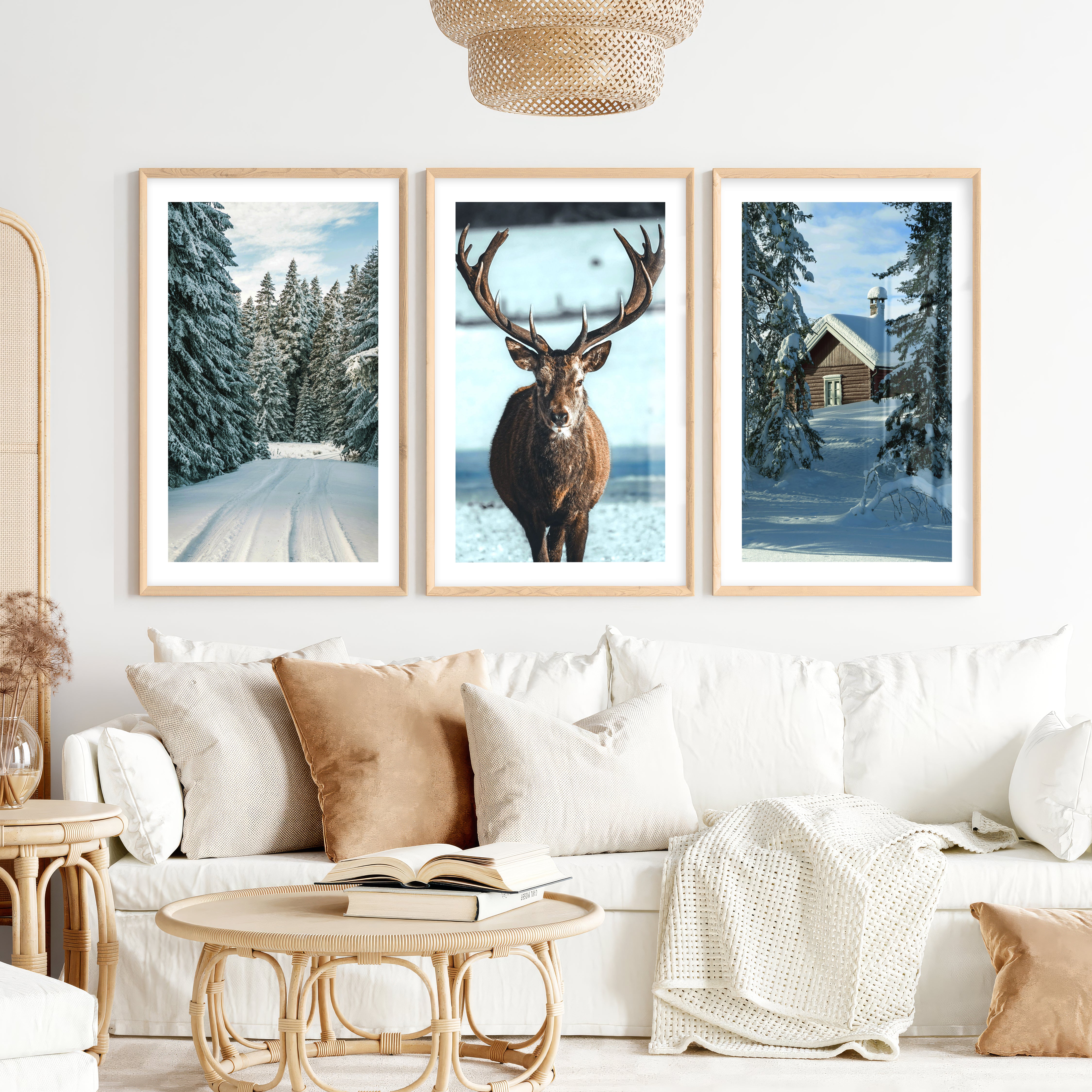 Winter Scene Wall Art – Snowy Forest, Deer & Cabin- Natural Wood Framed Poster with White Border - Artworksets
