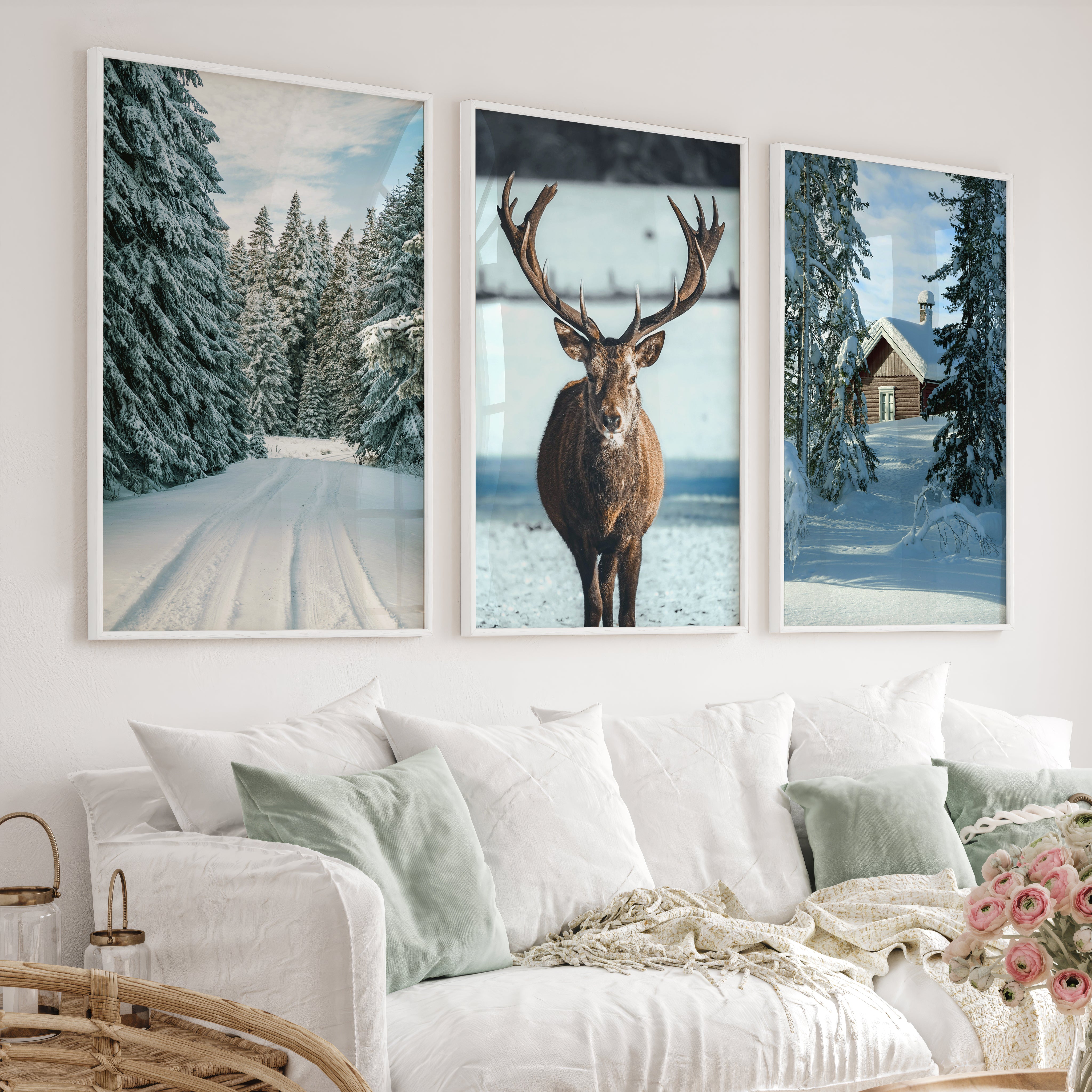 Winter Scene Wall Art – Snowy Forest, Deer & Cabin - White Framed Poster No Border - Artworksets