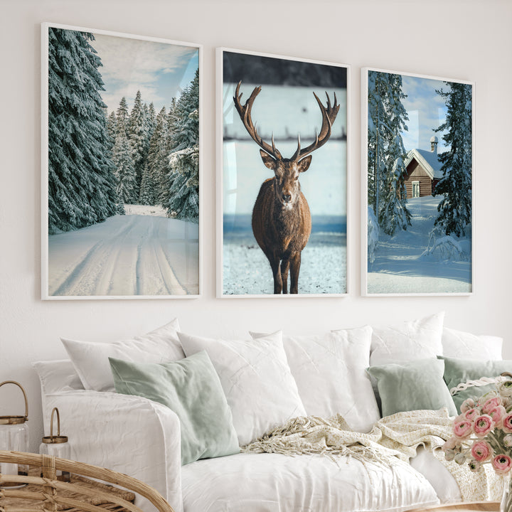 Winter Scene Wall Art – Snowy Forest, Deer & Cabin - White Framed Poster No Border - Artworksets
