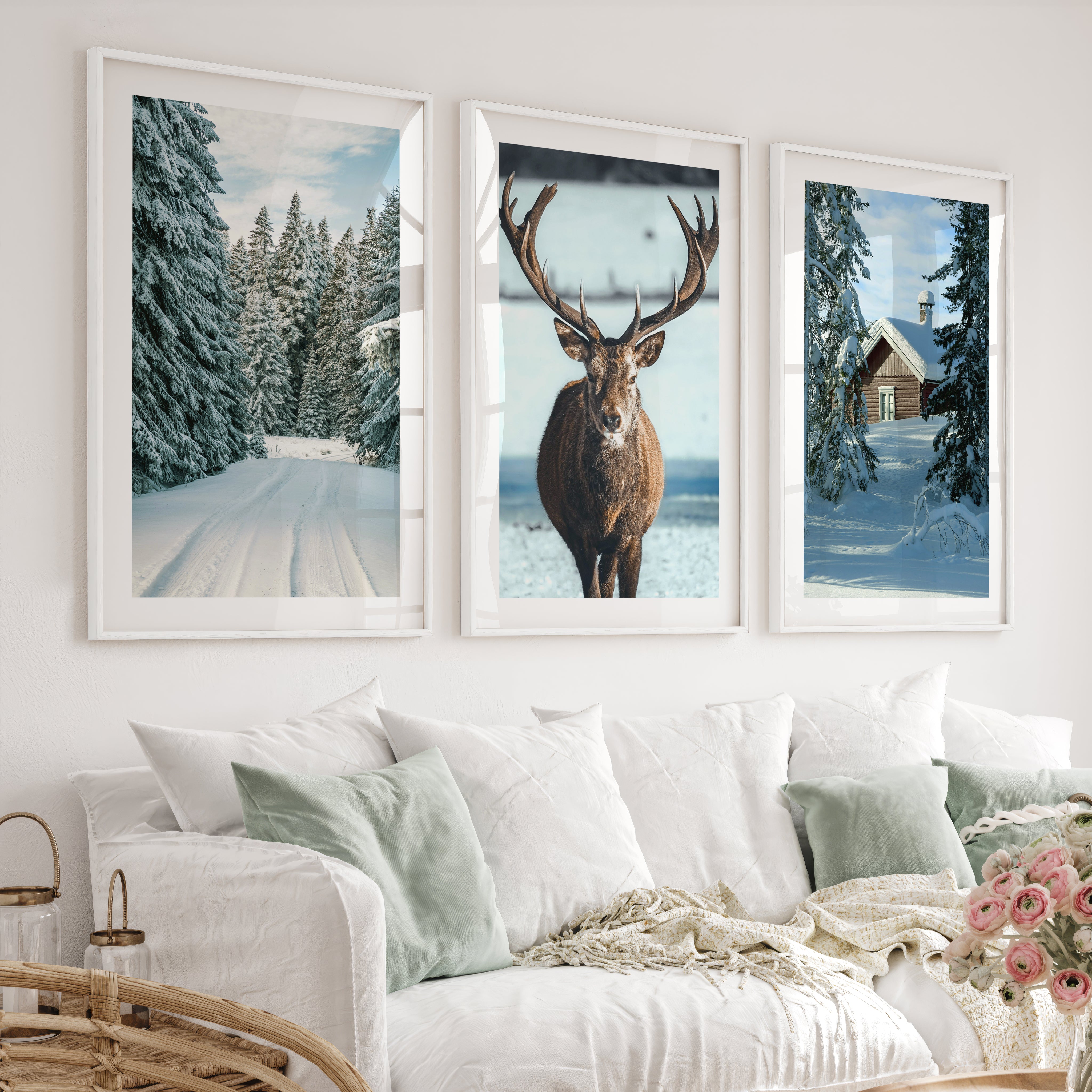 Winter Scene Wall Art – Snowy Forest, Deer & Cabin - White Framed Poster with White Border - Artworksets