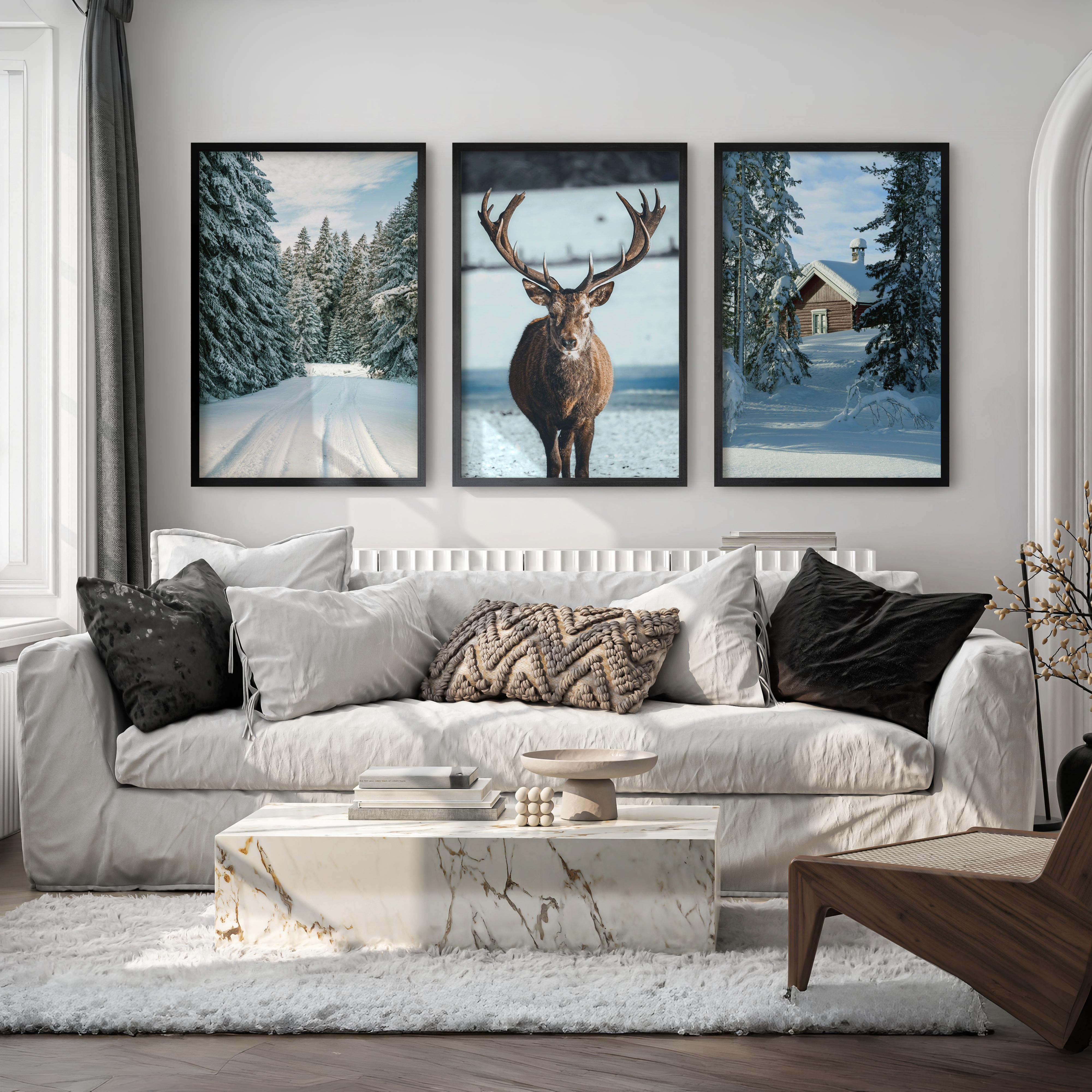 Winter Scene Wall Art – Snowy Forest, Deer & Cabin - Black Framed Poster No Border - Artworksets