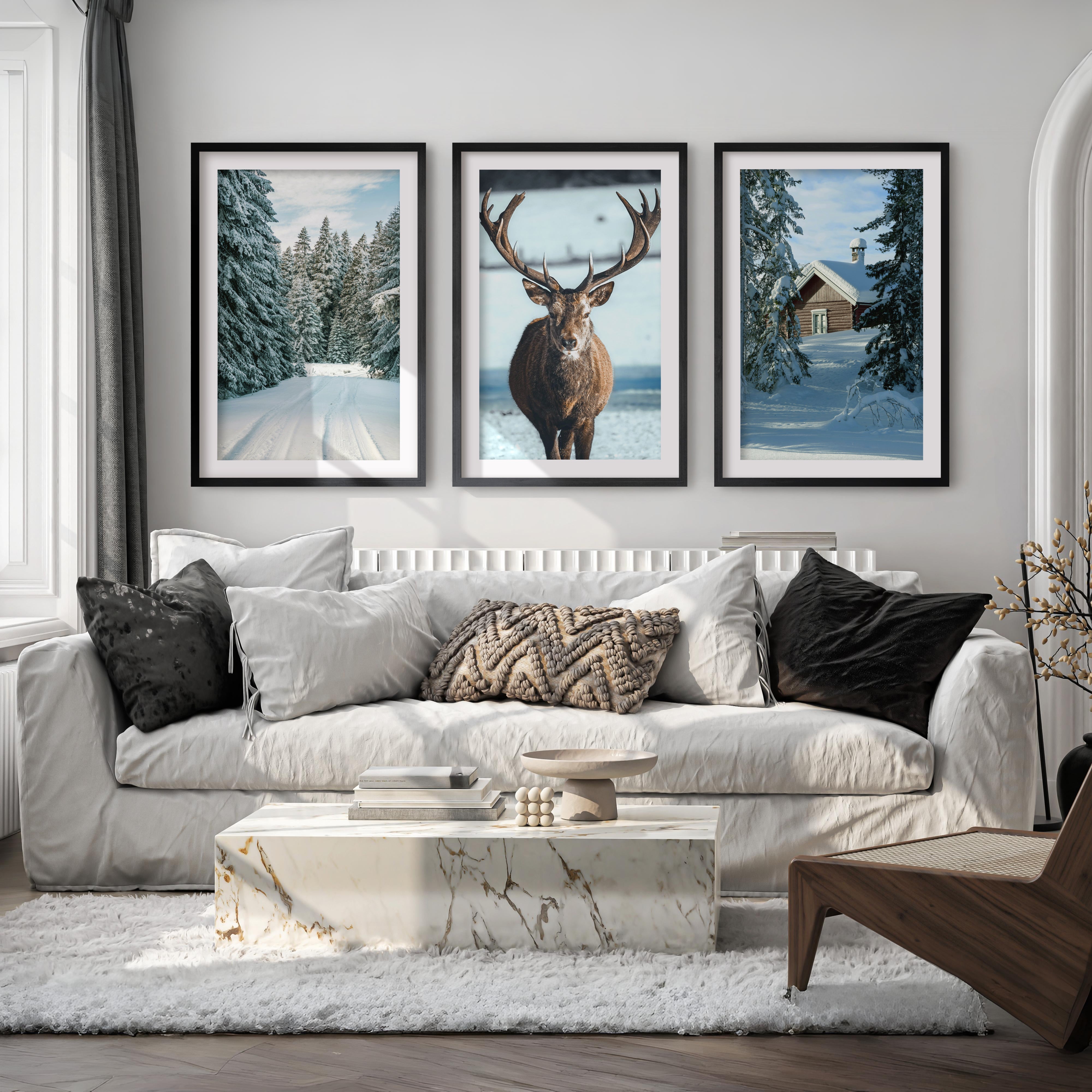Winter Scene Wall Art – Snowy Forest, Deer & Cabin - Black Framed Poster with White Border - Artworksets