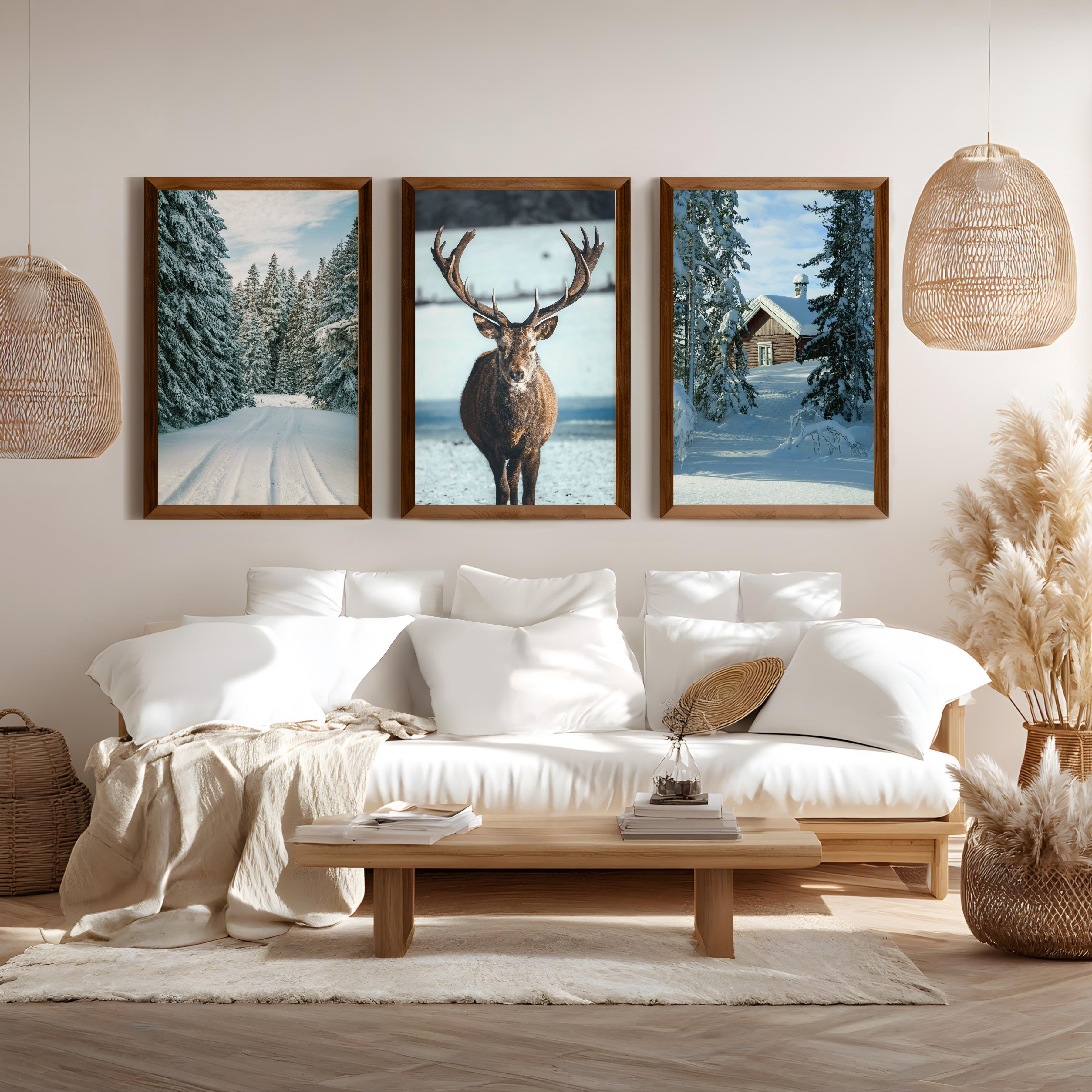 Winter Scene Wall Art – Snowy Forest, Deer & Cabin - Dark Brown Framed Poster No Border - Artworksets