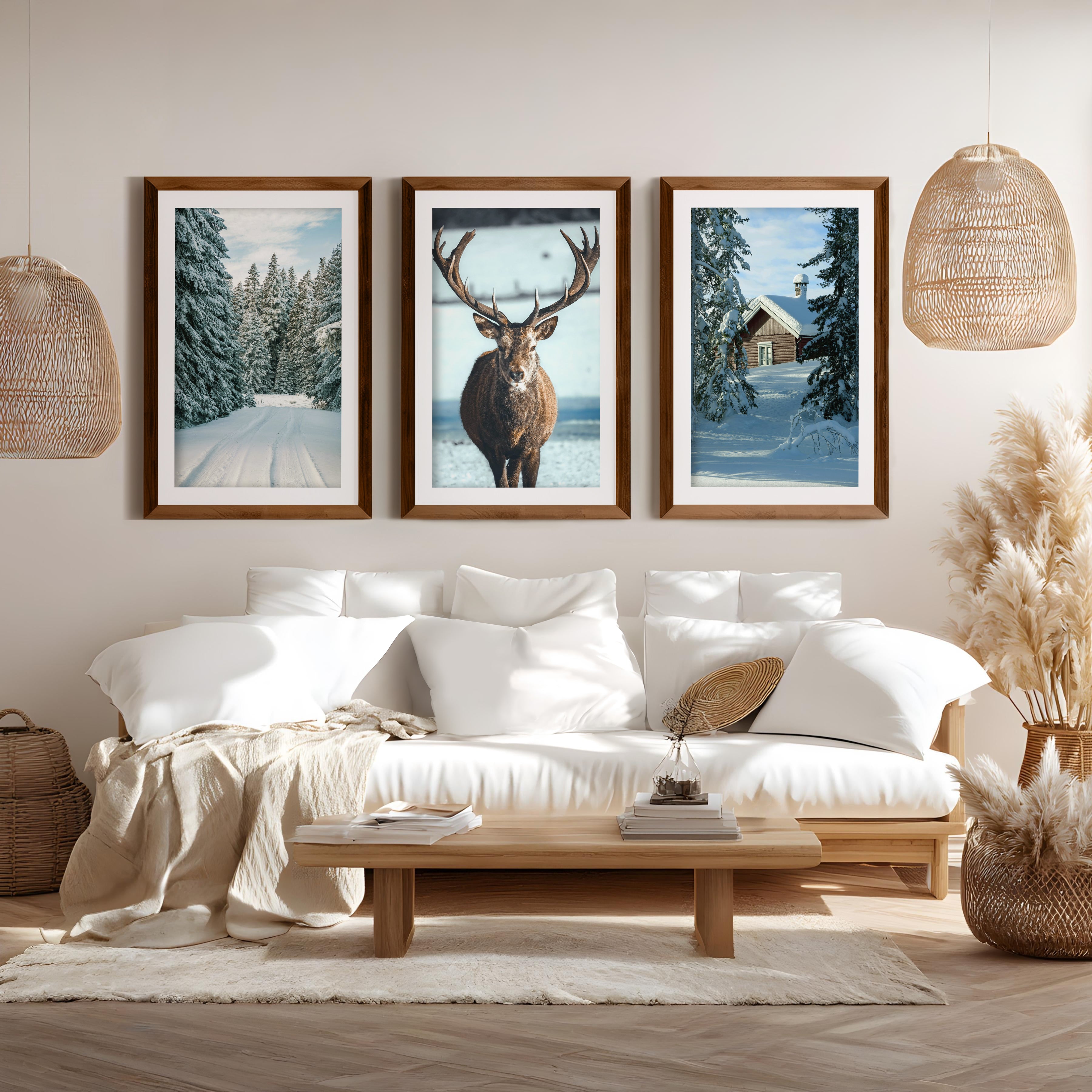 Winter Scene Wall Art – Snowy Forest, Deer & Cabin - Dark Brown Framed Poster with White Border - Artworksets