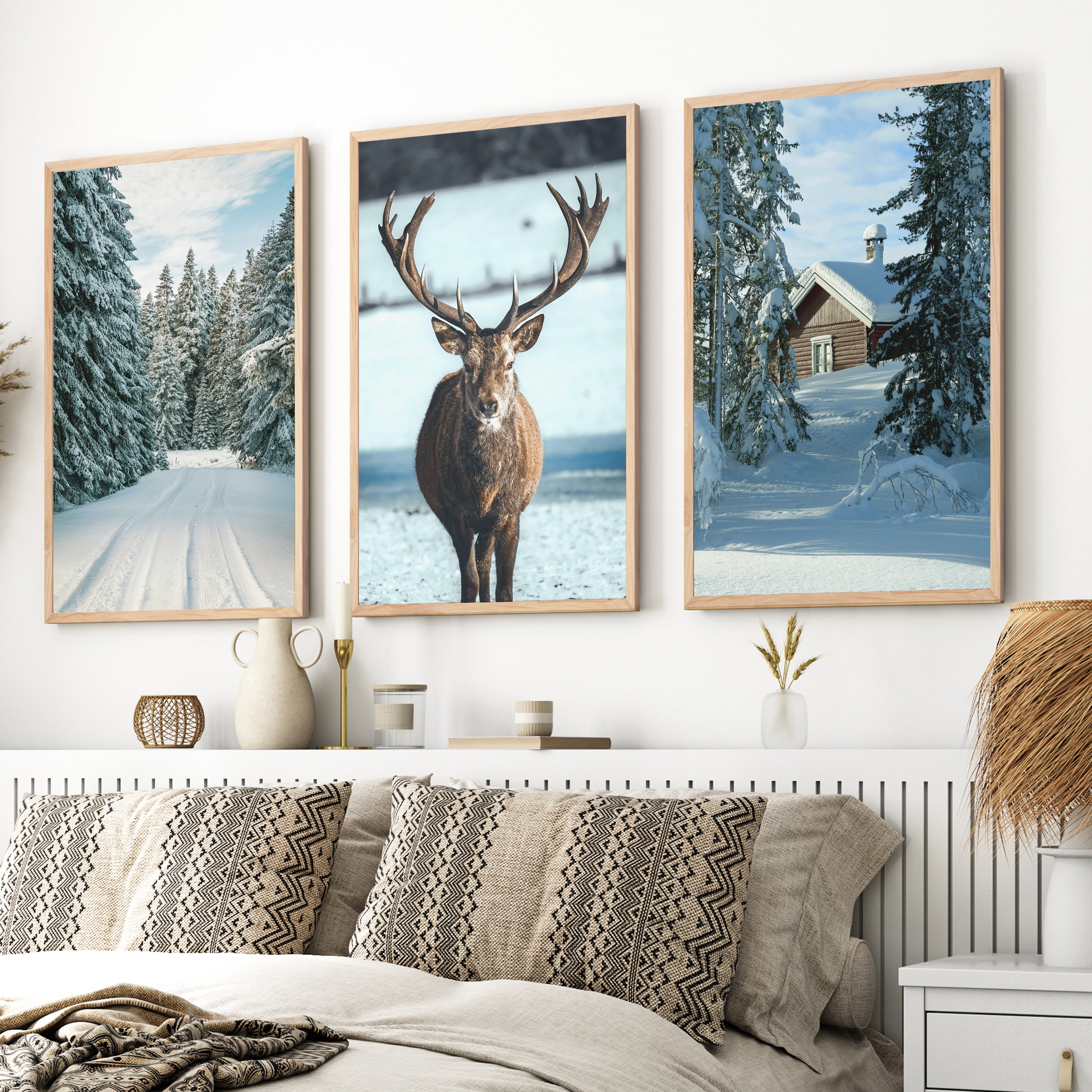 Winter Scene Wall Art – Snowy Forest, Deer & Cabin - Natural Wood Framed Poster No Border - Artworksets
