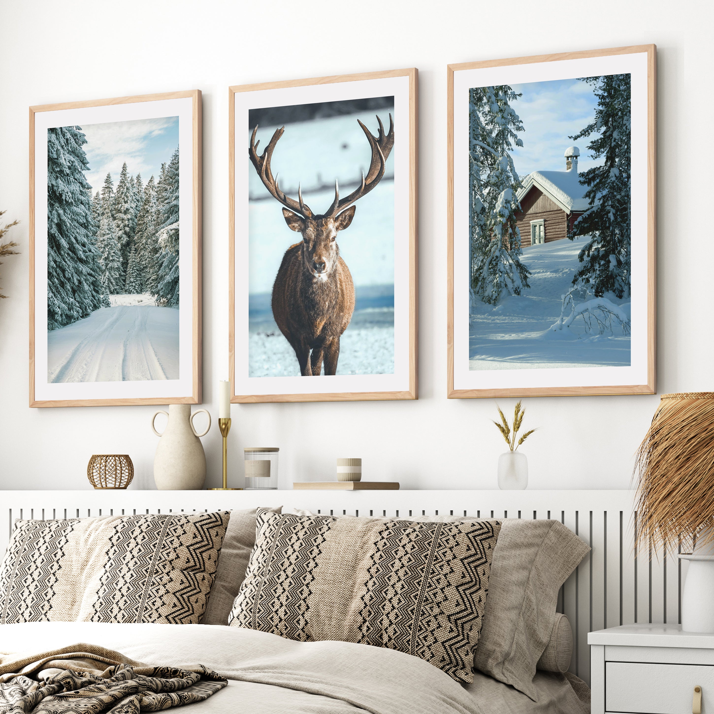 Winter Scene Wall Art – Snowy Forest, Deer & Cabin- Natural Wood Framed Poster with White Border - Artworksets