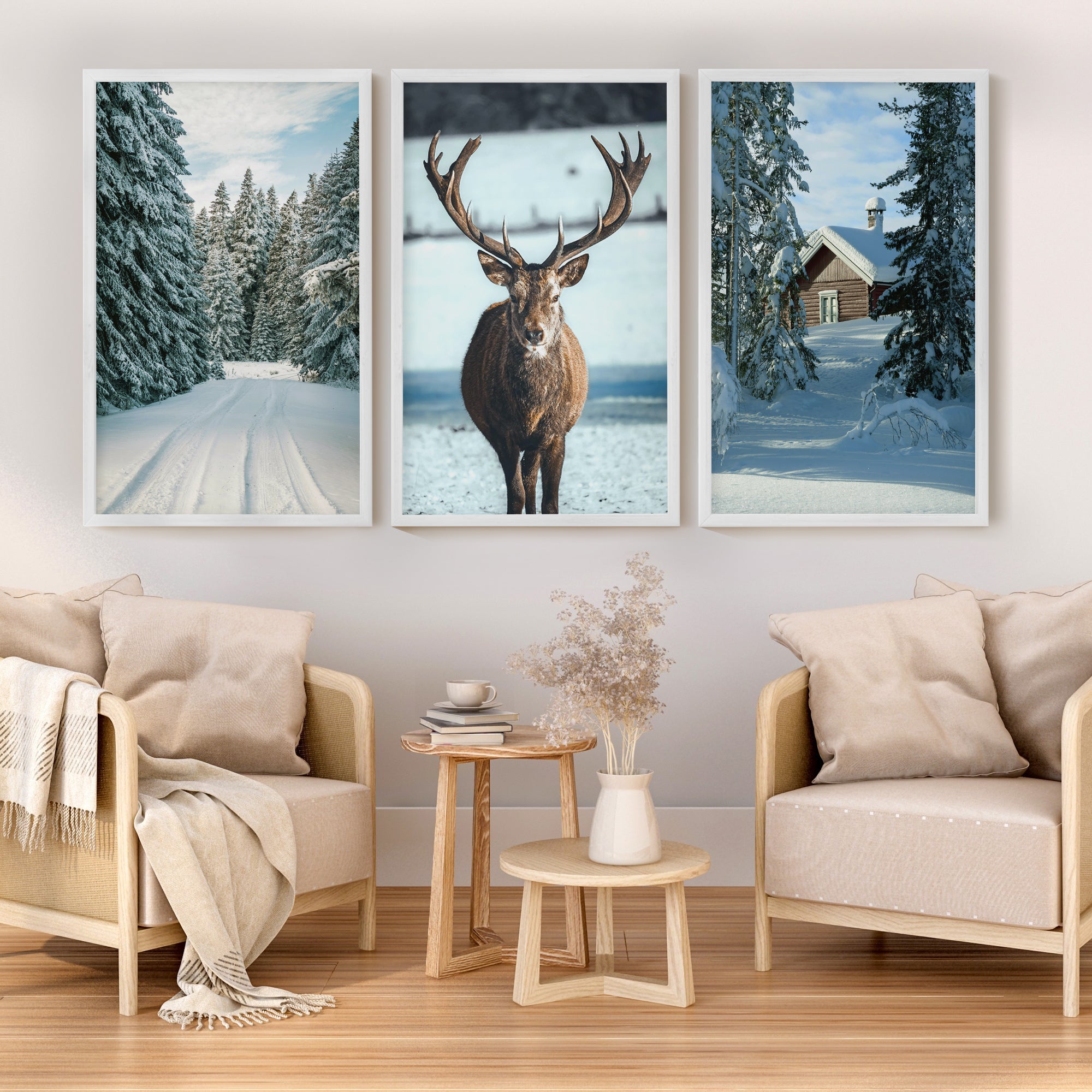 Winter Scene Wall Art – Snowy Forest, Deer & Cabin - White Framed Poster No Border - Artworksets