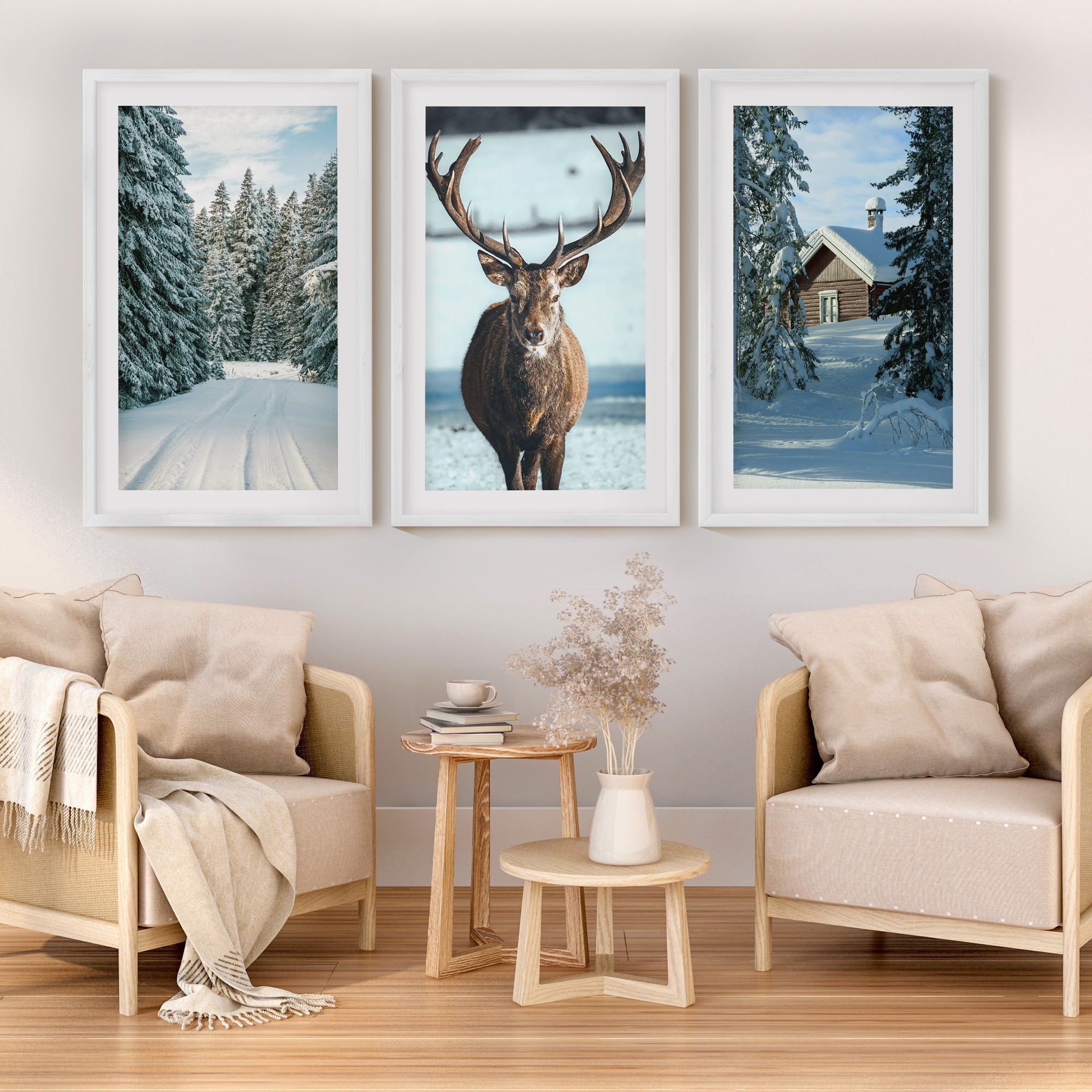 Winter Scene Wall Art – Snowy Forest, Deer & Cabin - White Framed Poster with White Border - Artworksets