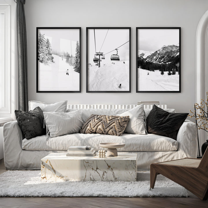 Winter Skiing Black White Wall Art. Ski Lift, Snowy Forest - Black Framed Poster No Border - Artworksets