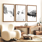 Winter Skiing Black White Wall Art. Ski Lift, Snowy Forest - Dark Brown Framed Poster No Border - Artworksets
