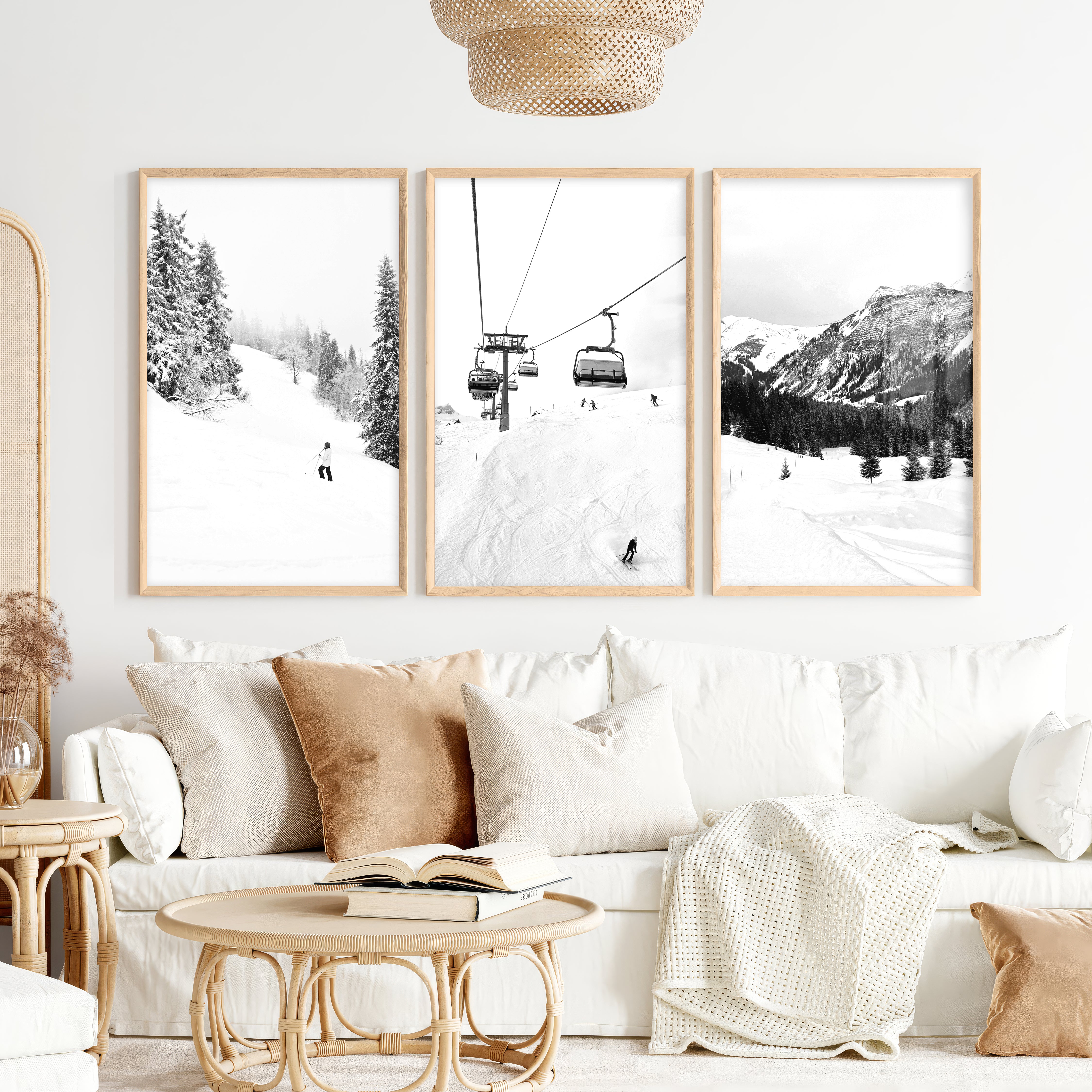 Winter Skiing Black White Wall Art. Ski Lift, Snowy Forest - Natural Wood Framed Poster No Border - Artworksets