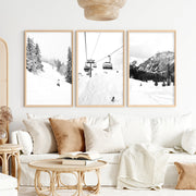 Winter Skiing Black White Wall Art. Ski Lift, Snowy Forest - Natural Wood Framed Poster No Border - Artworksets