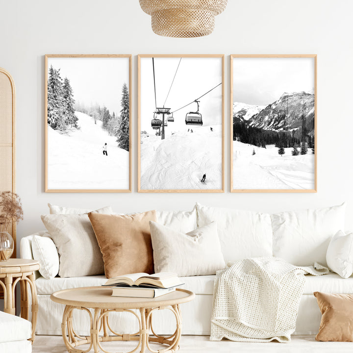Winter Skiing Black White Wall Art. Ski Lift, Snowy Forest - Natural Wood Framed Poster No Border - Artworksets