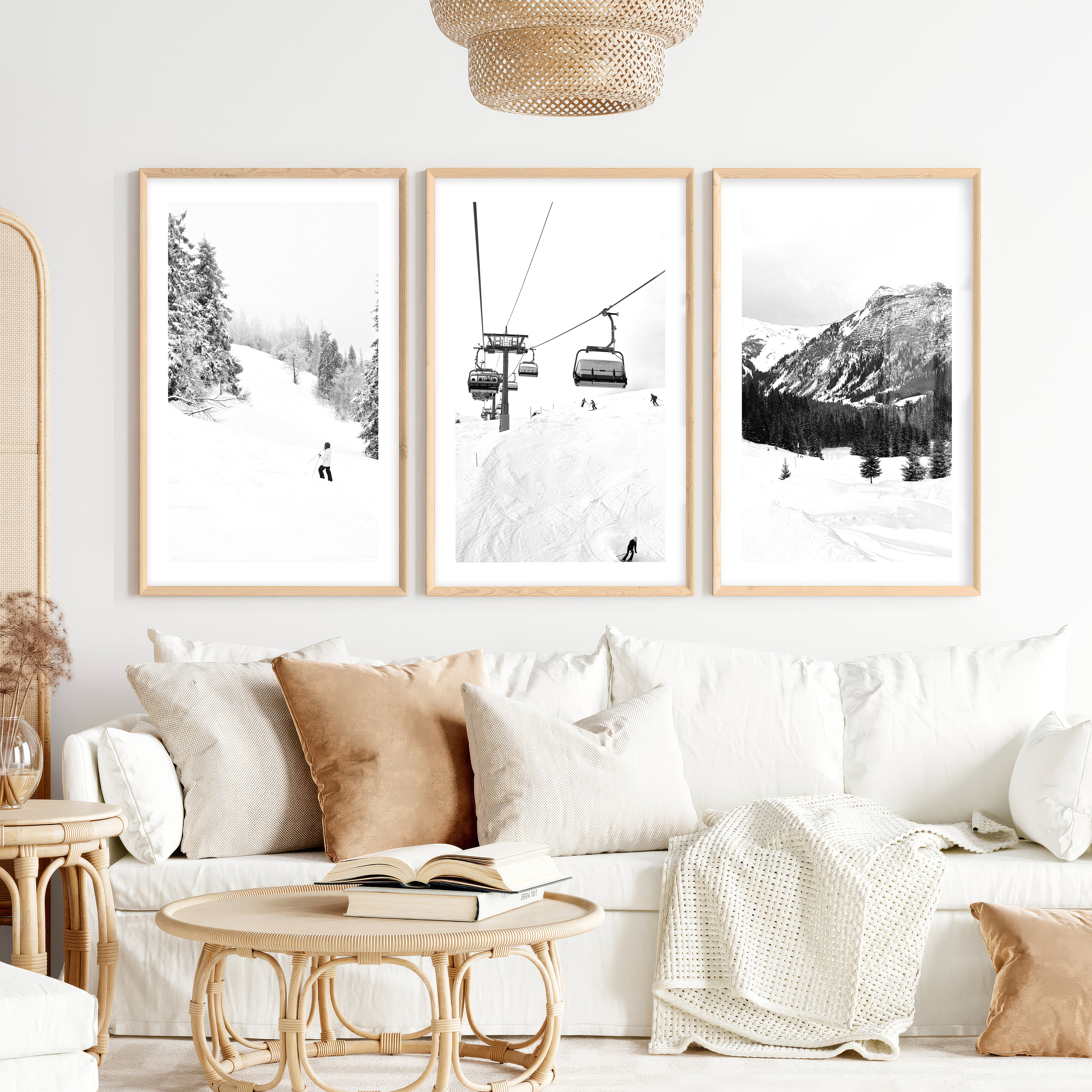Winter Skiing Black White Wall Art. Ski Lift, Snowy Forest- Natural Wood Framed Poster with White Border - Artworksets