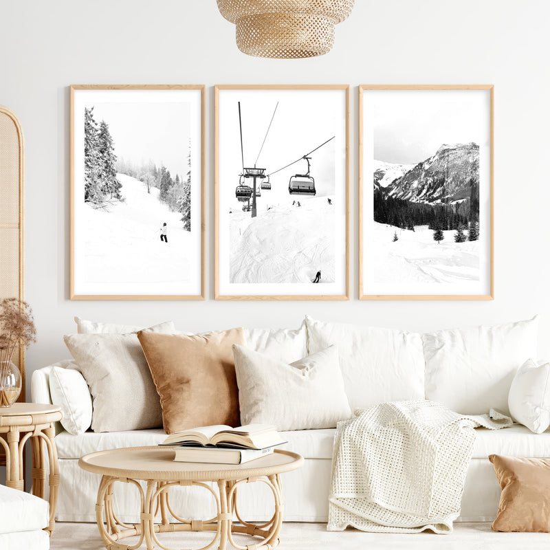 Winter Skiing Black White Wall Art. Ski Lift, Snowy Forest- Natural Wood Framed Poster with White Border - Artworksets