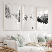 Winter Skiing Black White Wall Art. Ski Lift, Snowy Forest - White Framed Poster No Border - Artworksets