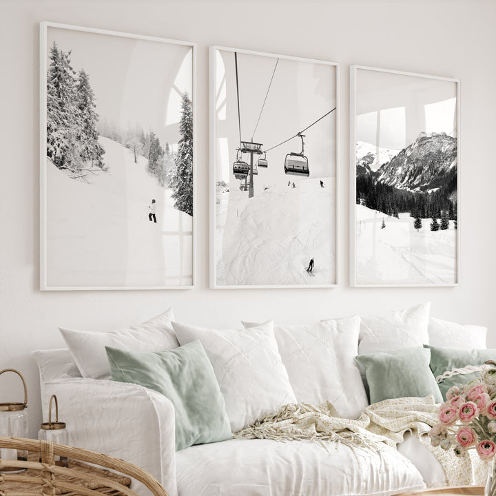 Winter Skiing Black White Wall Art. Ski Lift, Snowy Forest - White Framed Poster No Border - Artworksets