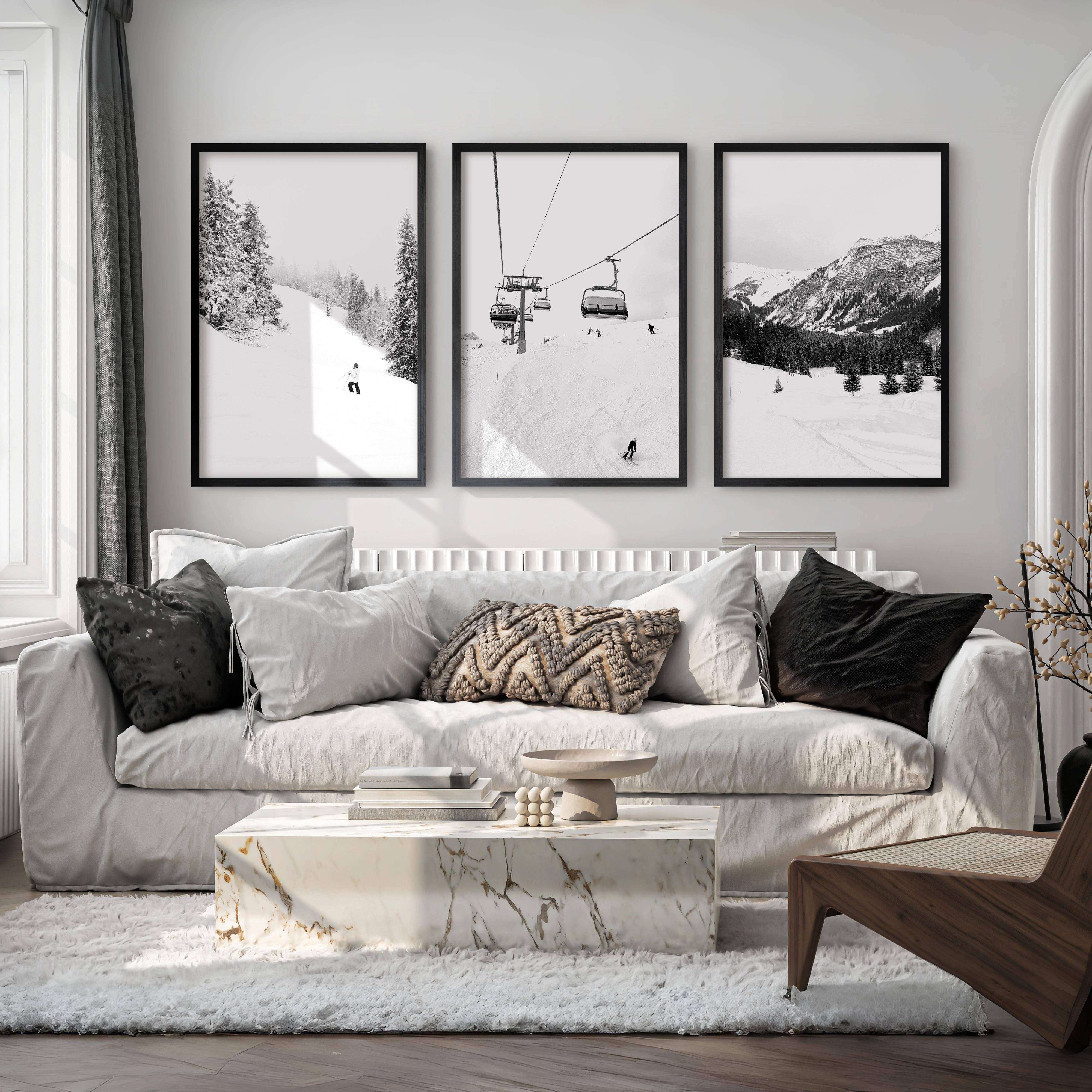 Winter Skiing Black White Wall Art. Ski Lift, Snowy Forest - Black Framed Poster No Border - Artworksets
