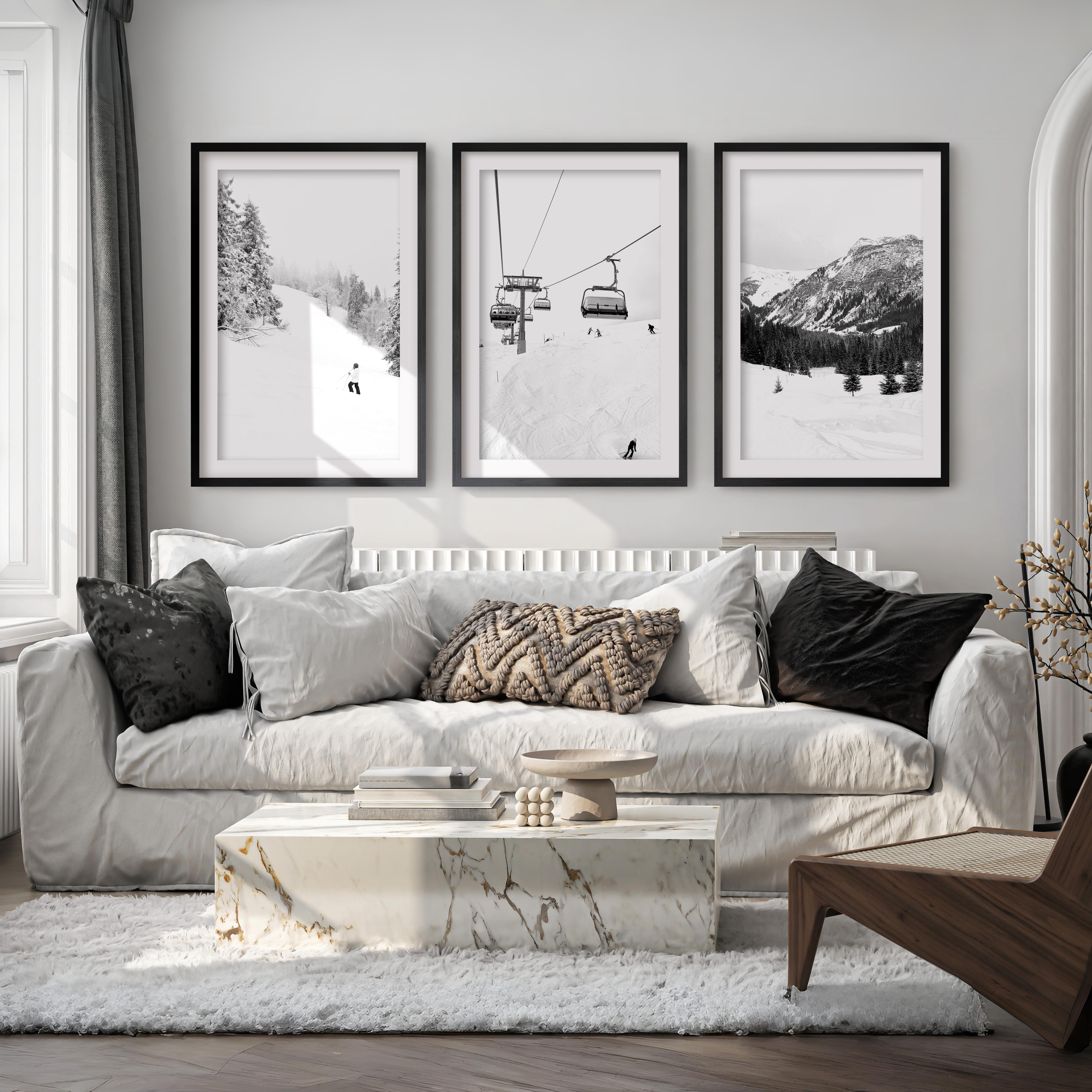Winter Skiing Black White Wall Art. Ski Lift, Snowy Forest - Black Framed Poster with White Border - Artworksets
