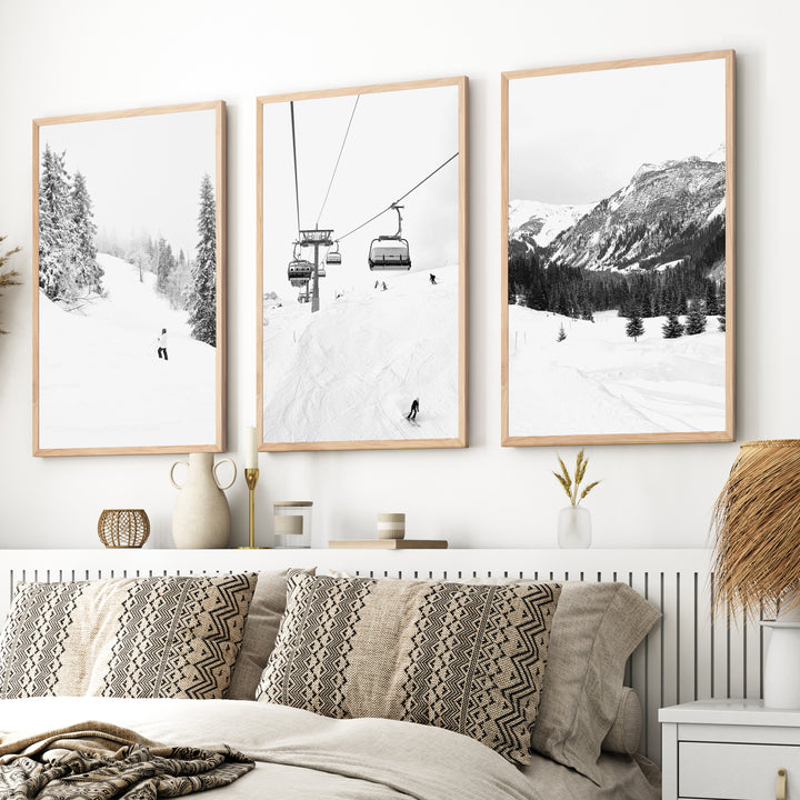 Winter Skiing Black White Wall Art. Ski Lift, Snowy Forest - Natural Wood Framed Poster No Border - Artworksets