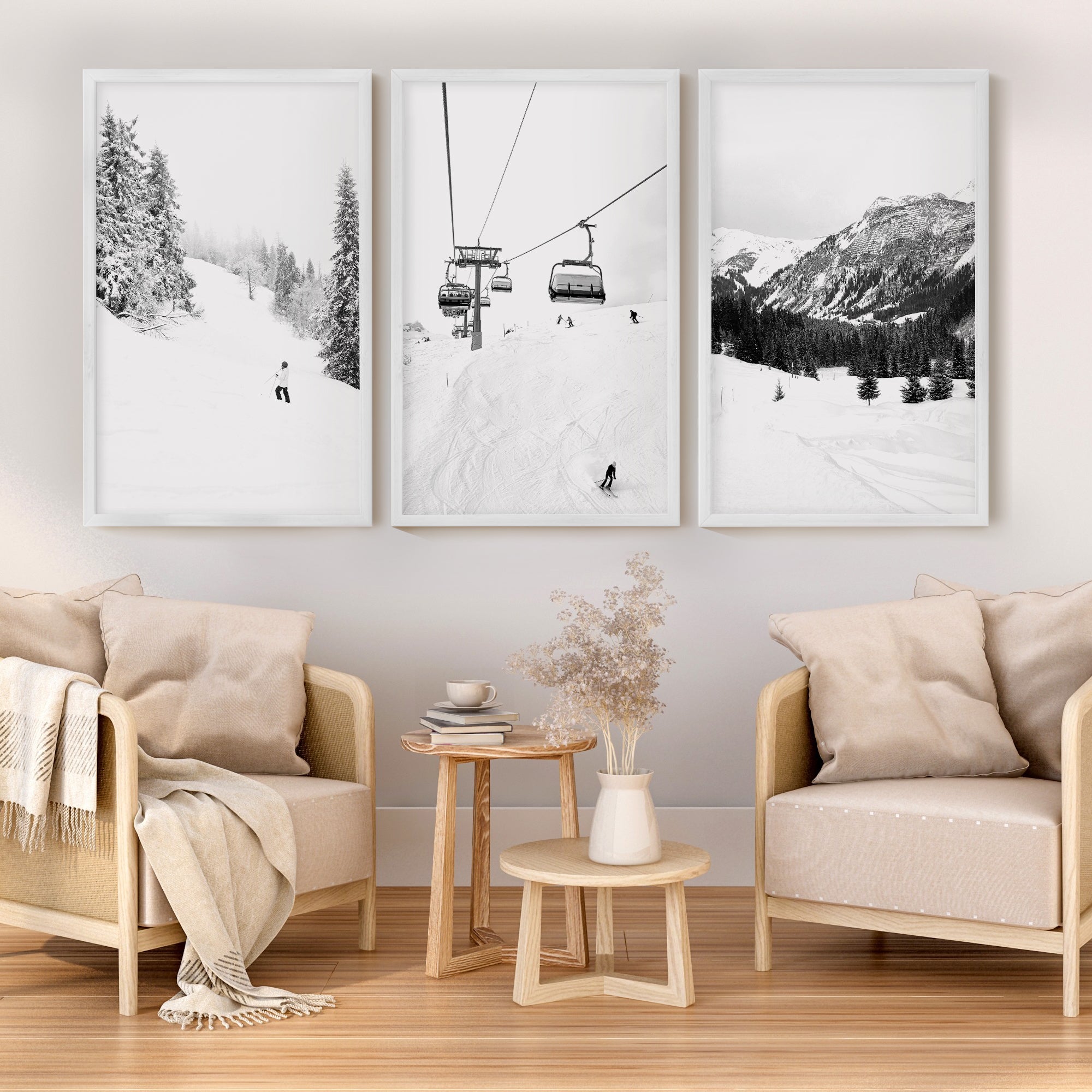 Winter Skiing Black White Wall Art. Ski Lift, Snowy Forest - White Framed Poster No Border - Artworksets