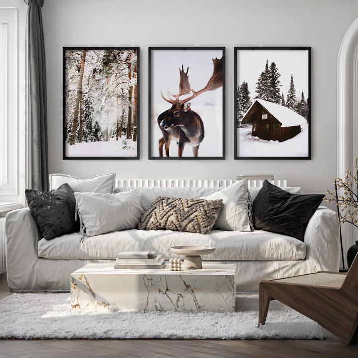 Winter Wall Art – Snowy Forest, Deer & Wooden Cabin - Black Framed Poster No Border - Artworksets