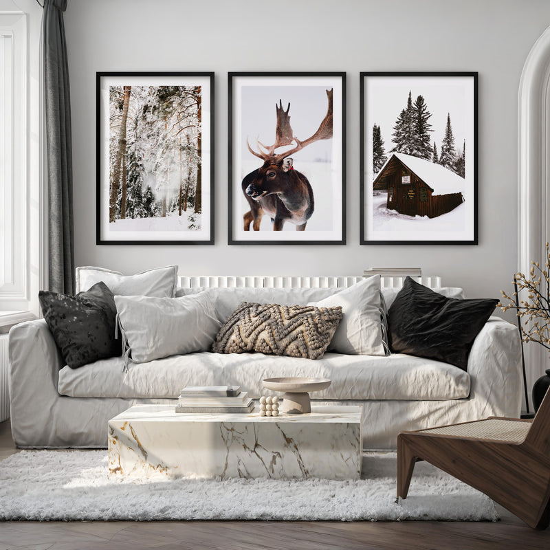 Winter Wall Art – Snowy Forest, Deer & Wooden Cabin - Black Framed Poster with White Border - Artworksets