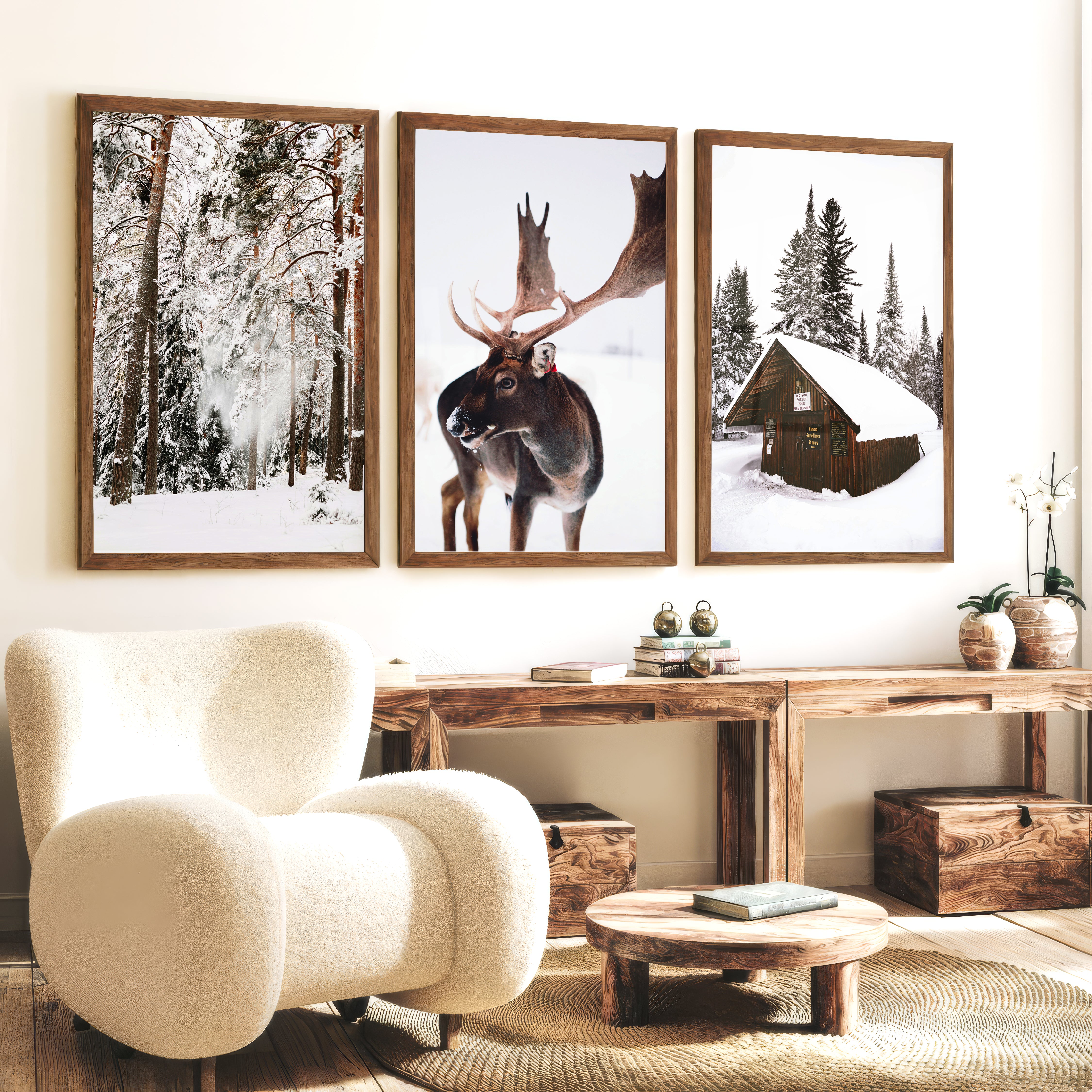 Winter Wall Art – Snowy Forest, Deer & Wooden Cabin - Dark Brown Framed Poster No Border - Artworksets