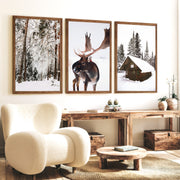 Winter Wall Art – Snowy Forest, Deer & Wooden Cabin - Dark Brown Framed Poster No Border - Artworksets