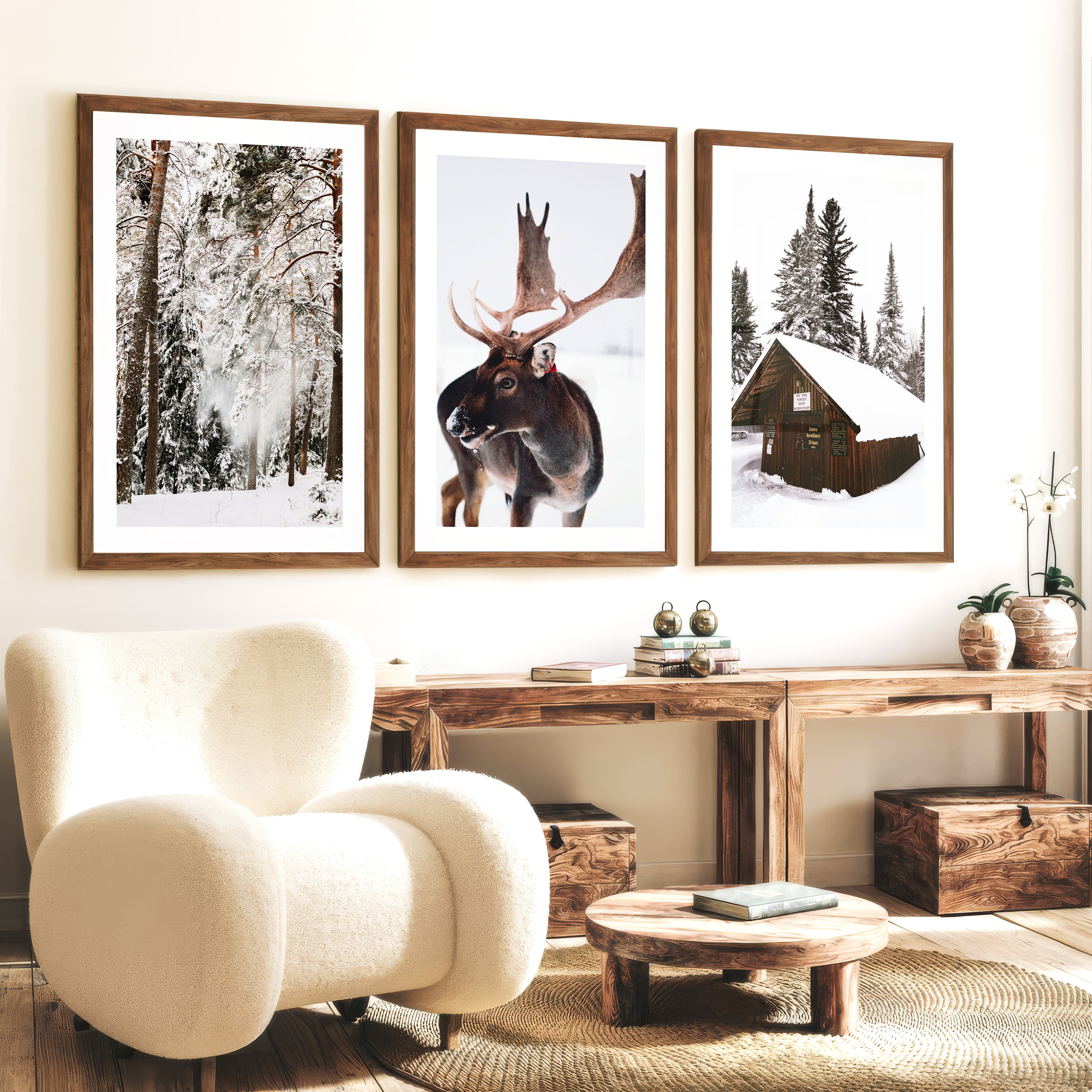 Winter Wall Art – Snowy Forest, Deer & Wooden Cabin - Dark Brown Framed Poster with White Border - Artworksets