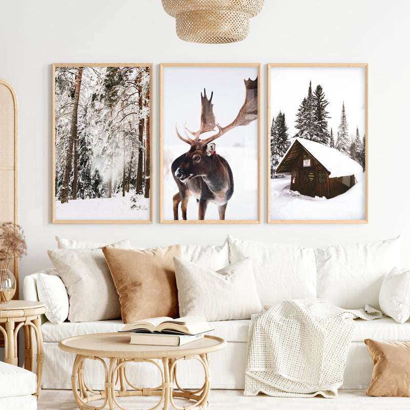 Winter Wall Art – Snowy Forest, Deer & Wooden Cabin - Natural Wood Framed Poster No Border - Artworksets
