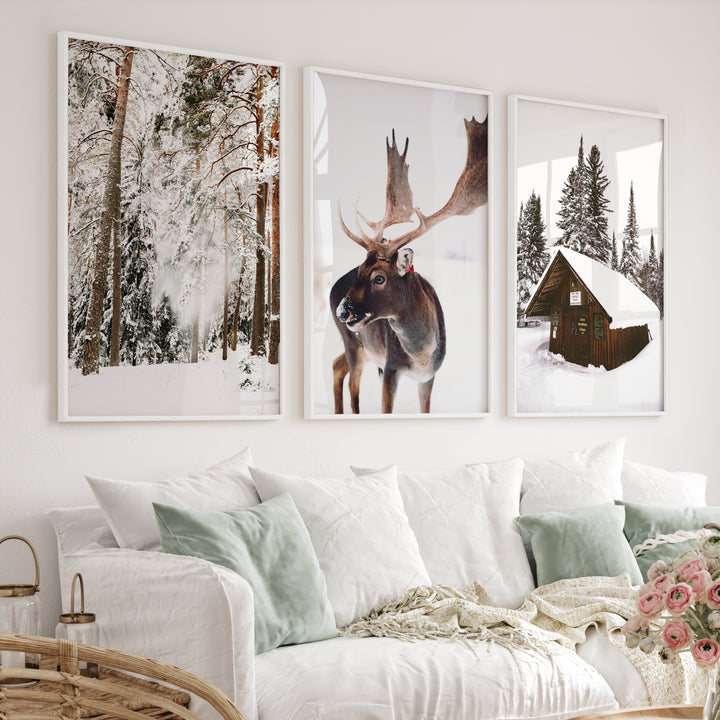 Winter Wall Art – Snowy Forest, Deer & Wooden Cabin - White Framed Poster No Border - Artworksets