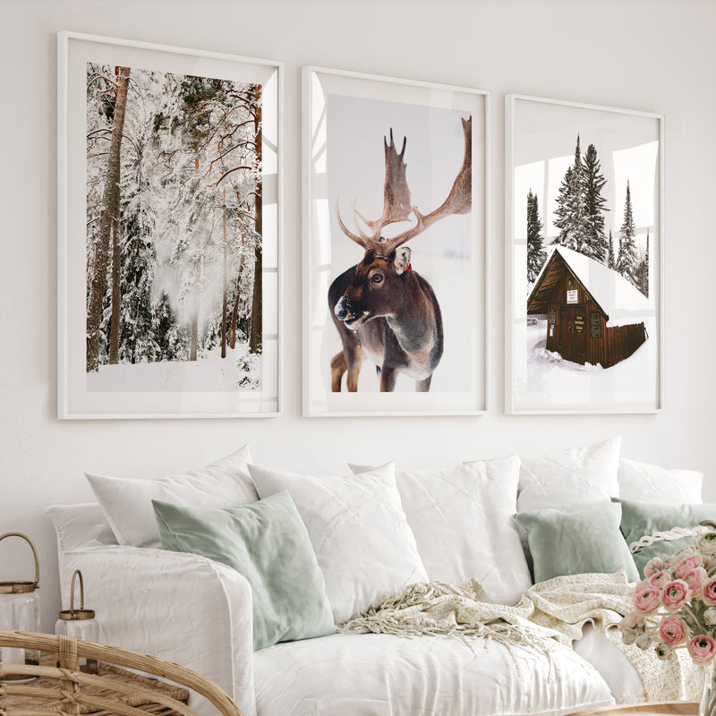 Winter Wall Art – Snowy Forest, Deer & Wooden Cabin - White Framed Poster with White Border - Artworksets