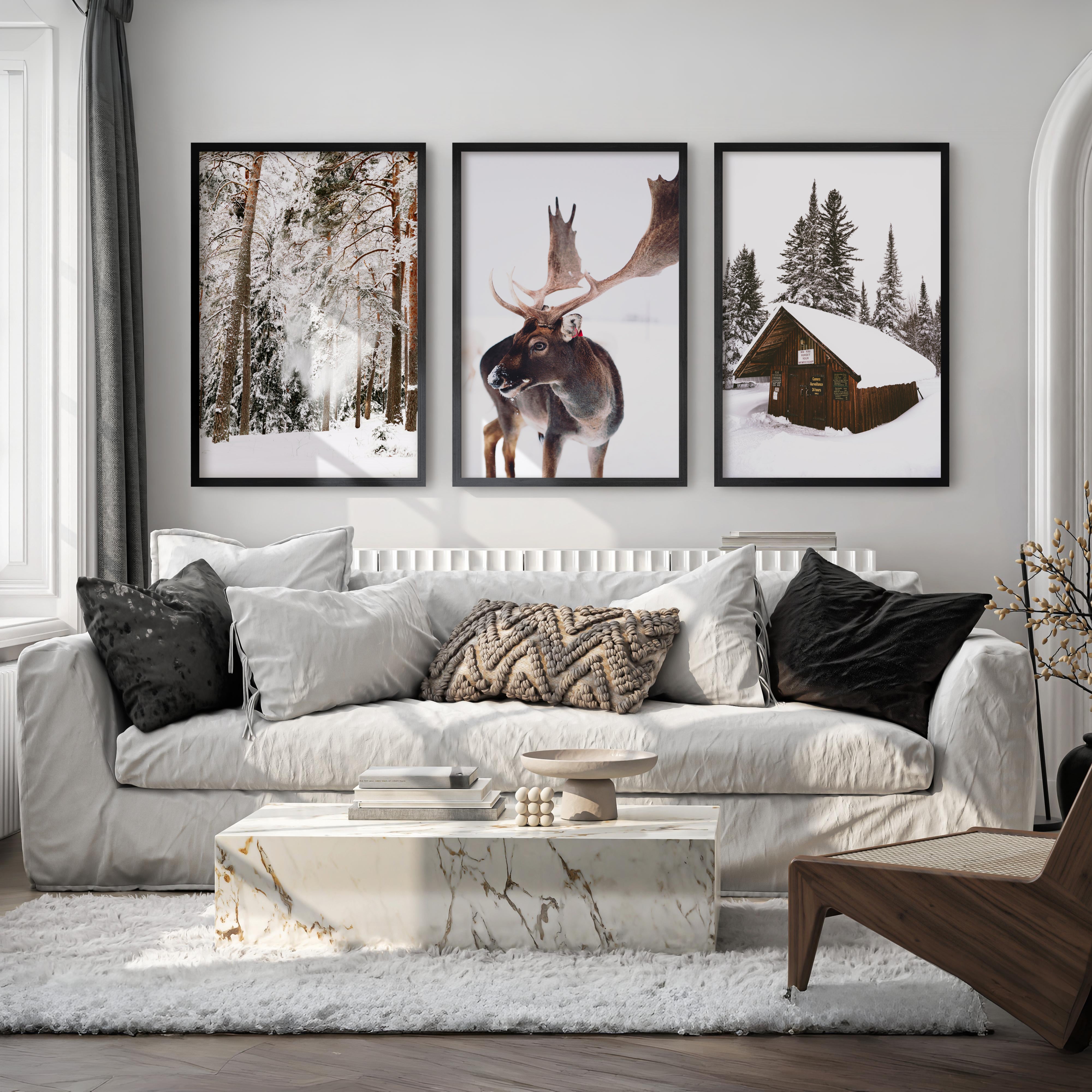 Winter Wall Art – Snowy Forest, Deer & Wooden Cabin - Black Framed Poster No Border - Artworksets