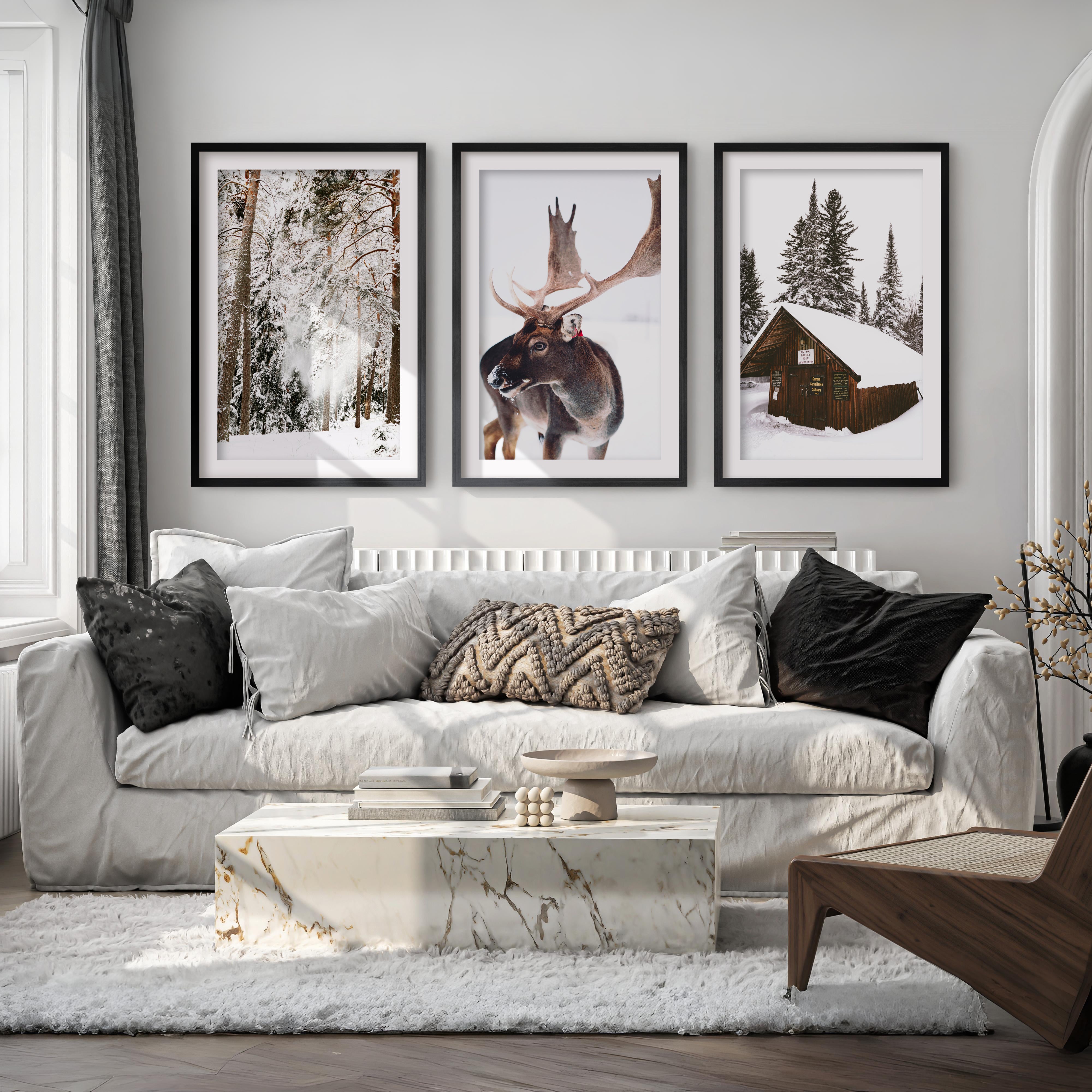 Winter Wall Art – Snowy Forest, Deer & Wooden Cabin - Black Framed Poster with White Border - Artworksets