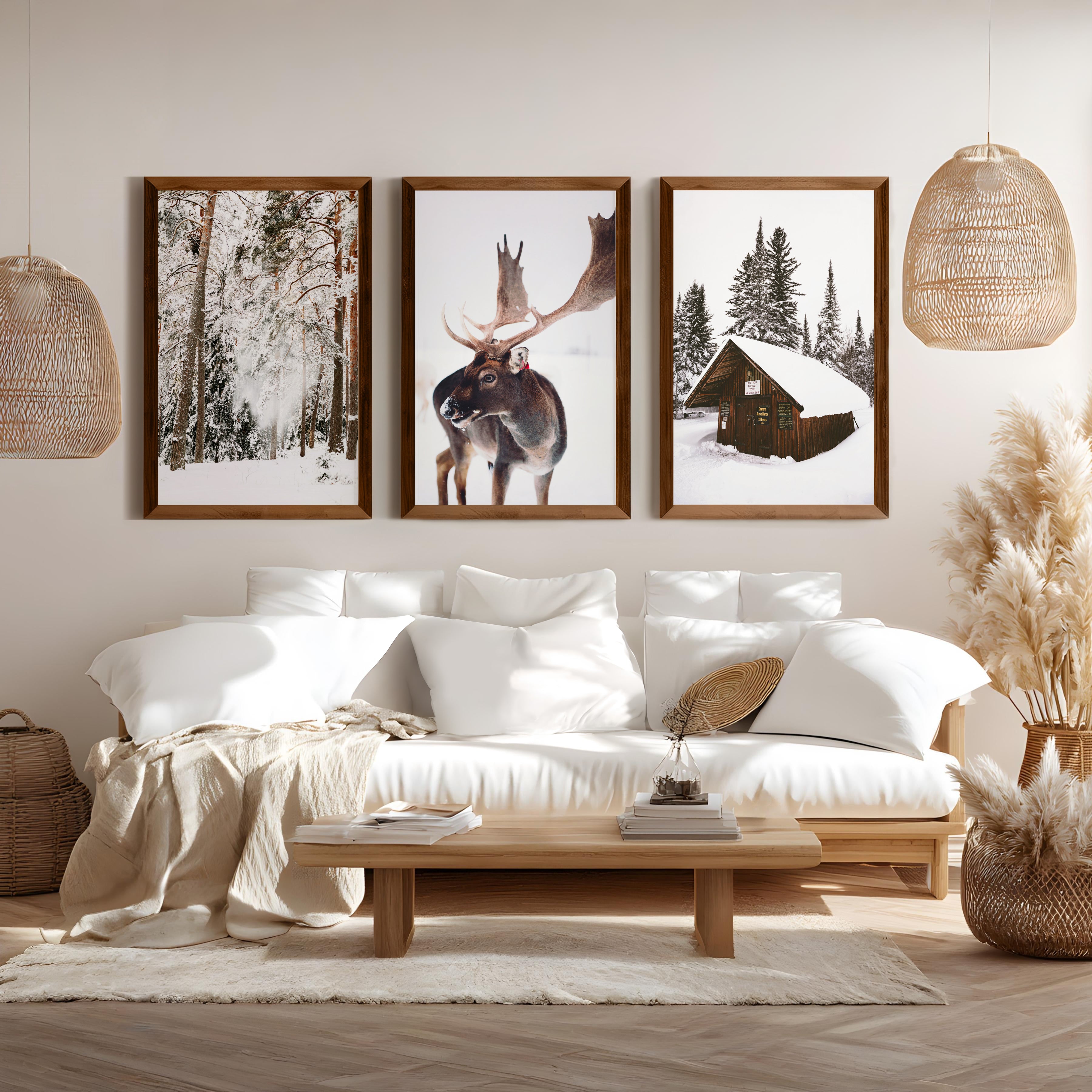 Winter Wall Art – Snowy Forest, Deer & Wooden Cabin - Dark Brown Framed Poster No Border - Artworksets