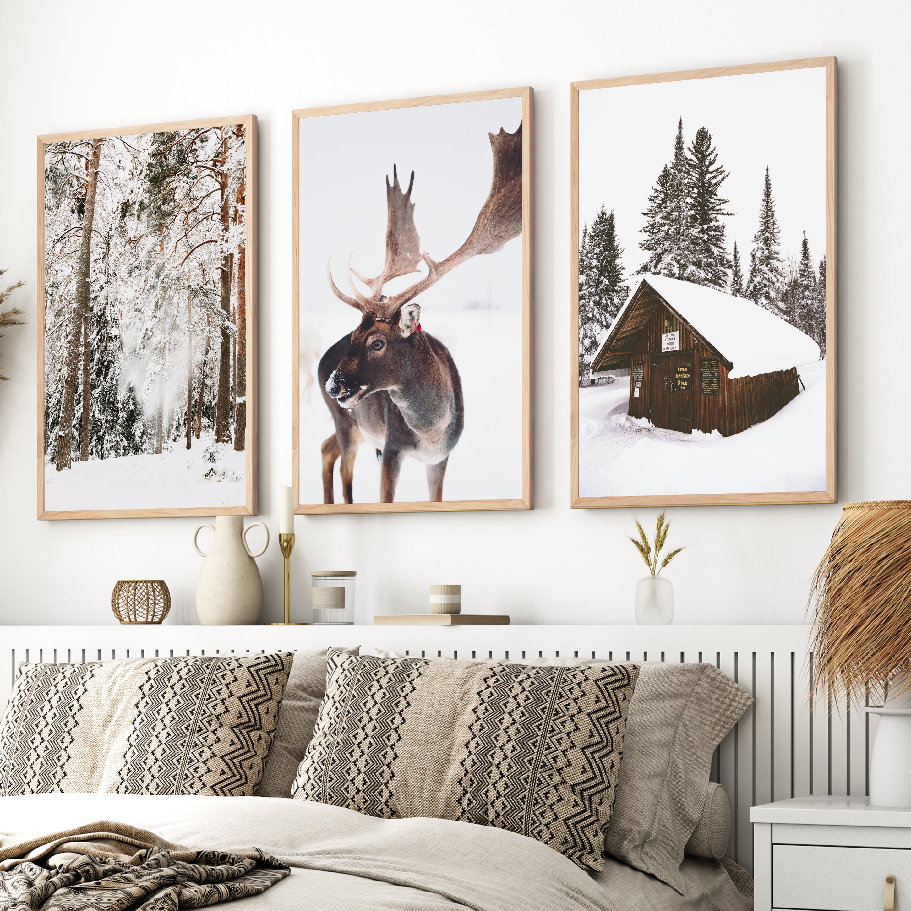 Winter Wall Art – Snowy Forest, Deer & Wooden Cabin - Natural Wood Framed Poster No Border - Artworksets