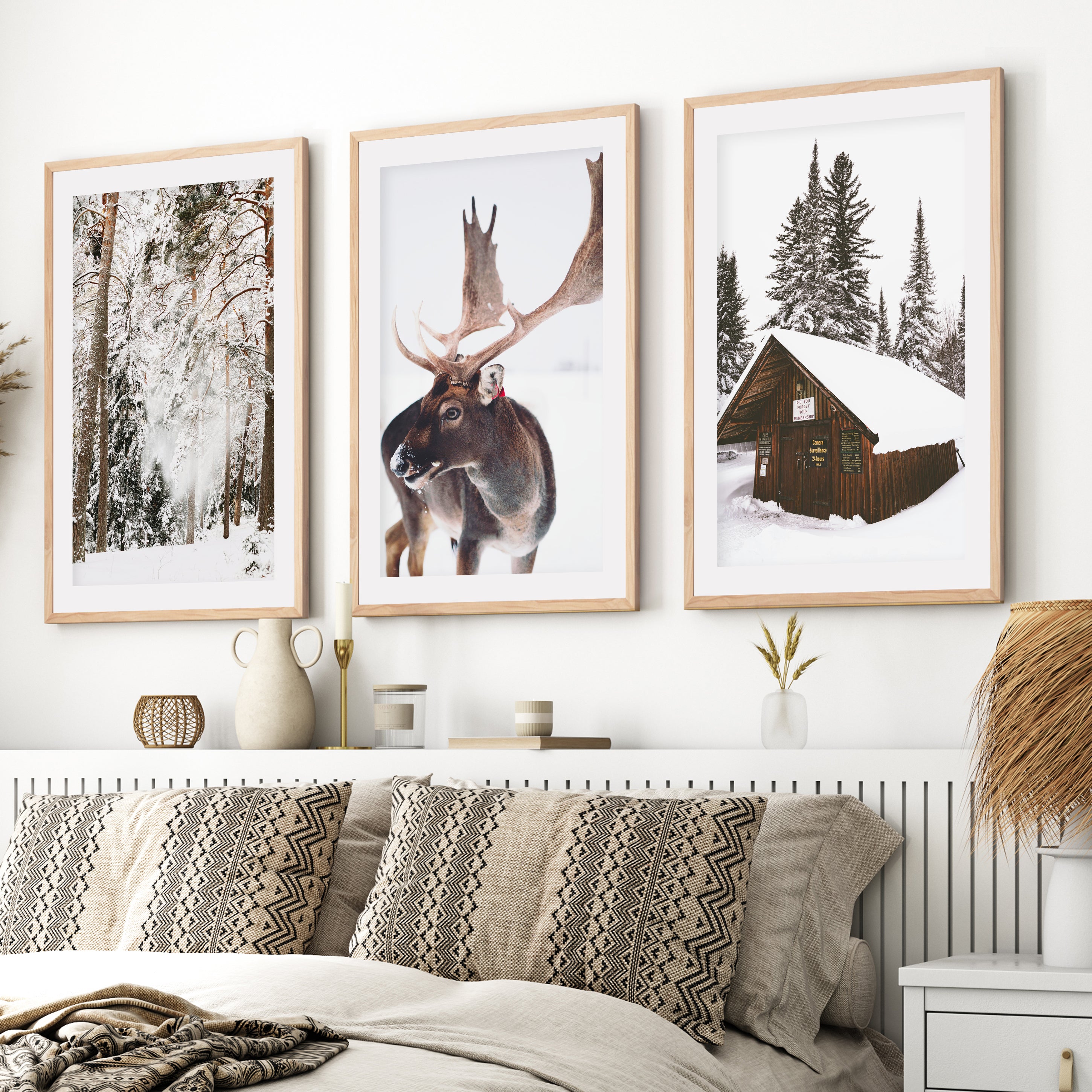 Winter Wall Art – Snowy Forest, Deer & Wooden Cabin- Natural Wood Framed Poster with White Border - Artworksets