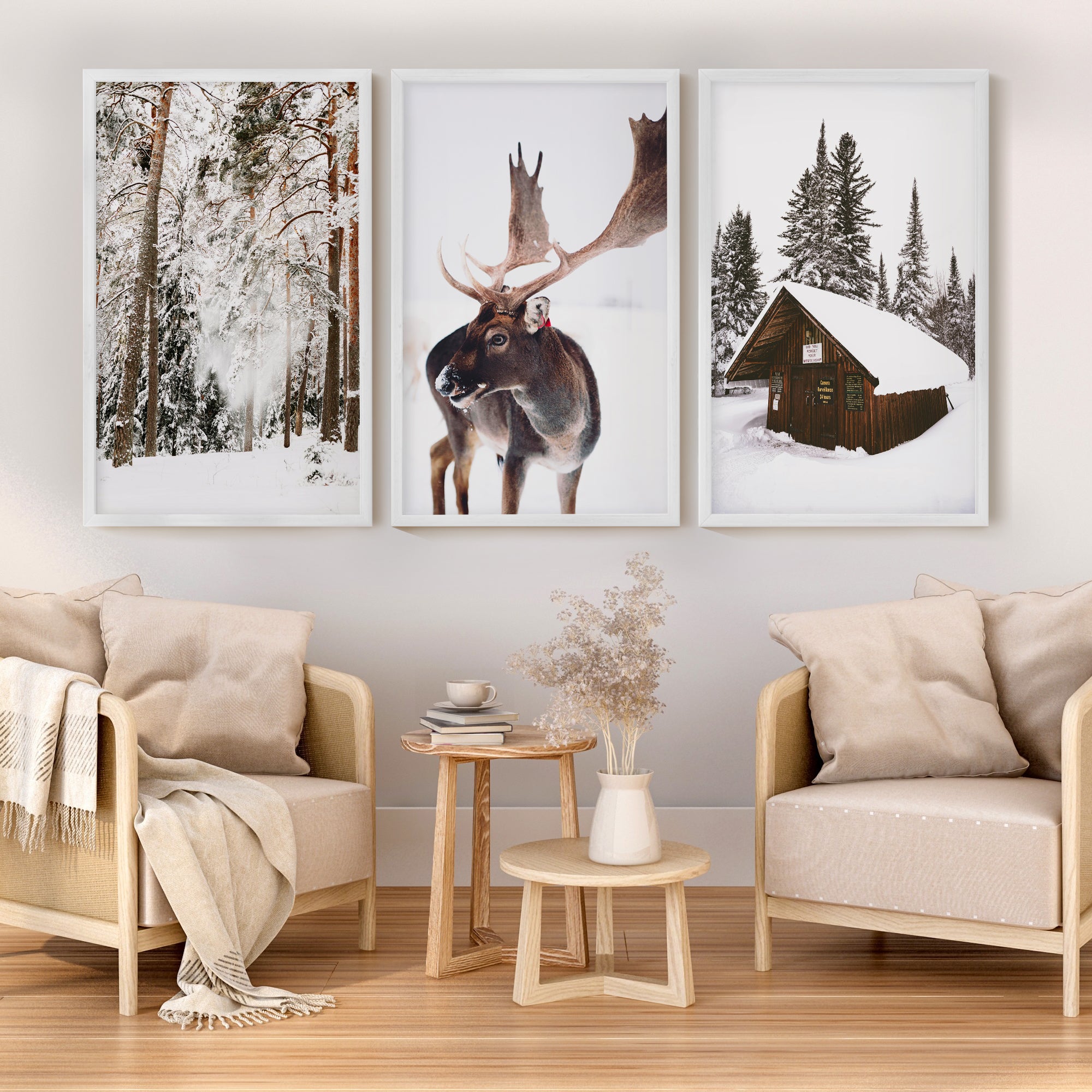 Winter Wall Art – Snowy Forest, Deer & Wooden Cabin - White Framed Poster No Border - Artworksets