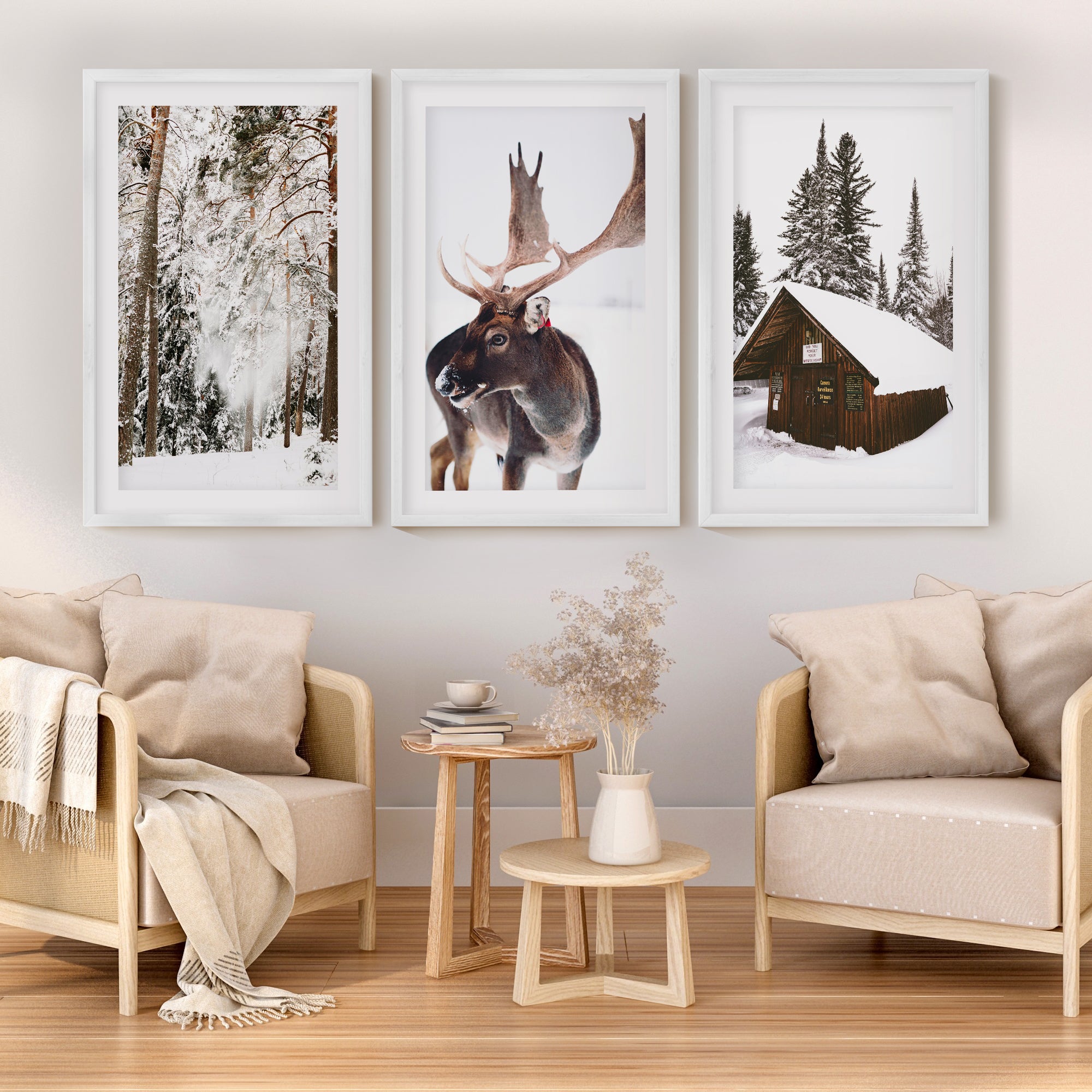 Winter Wall Art – Snowy Forest, Deer & Wooden Cabin - White Framed Poster with White Border - Artworksets