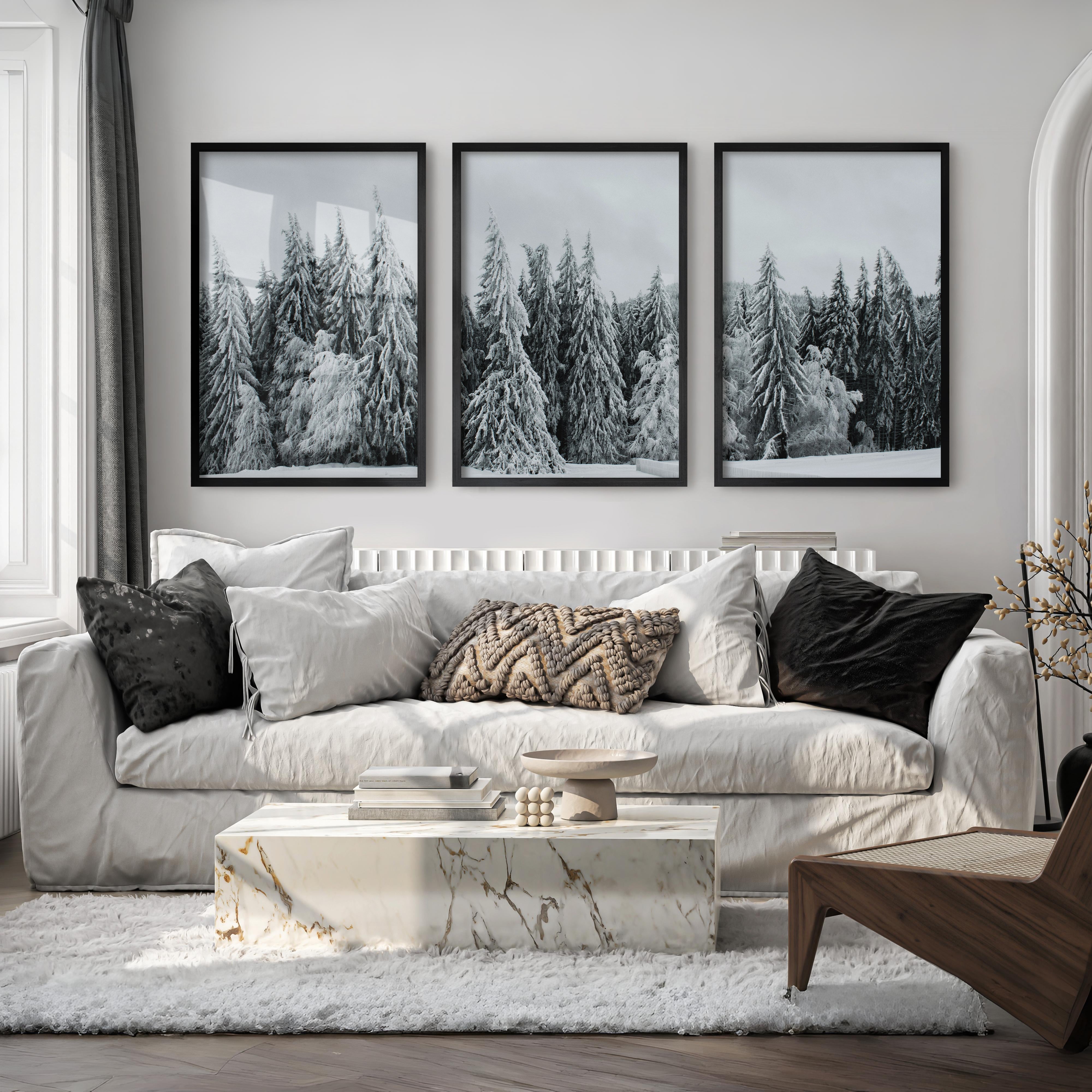 Winter Wall Art Triptych – Snowy Pine Forest Photography - Black Framed Poster No Border - Artworksets