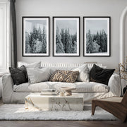 Winter Wall Art Triptych – Snowy Pine Forest Photography - Black Framed Poster with White Border - Artworksets