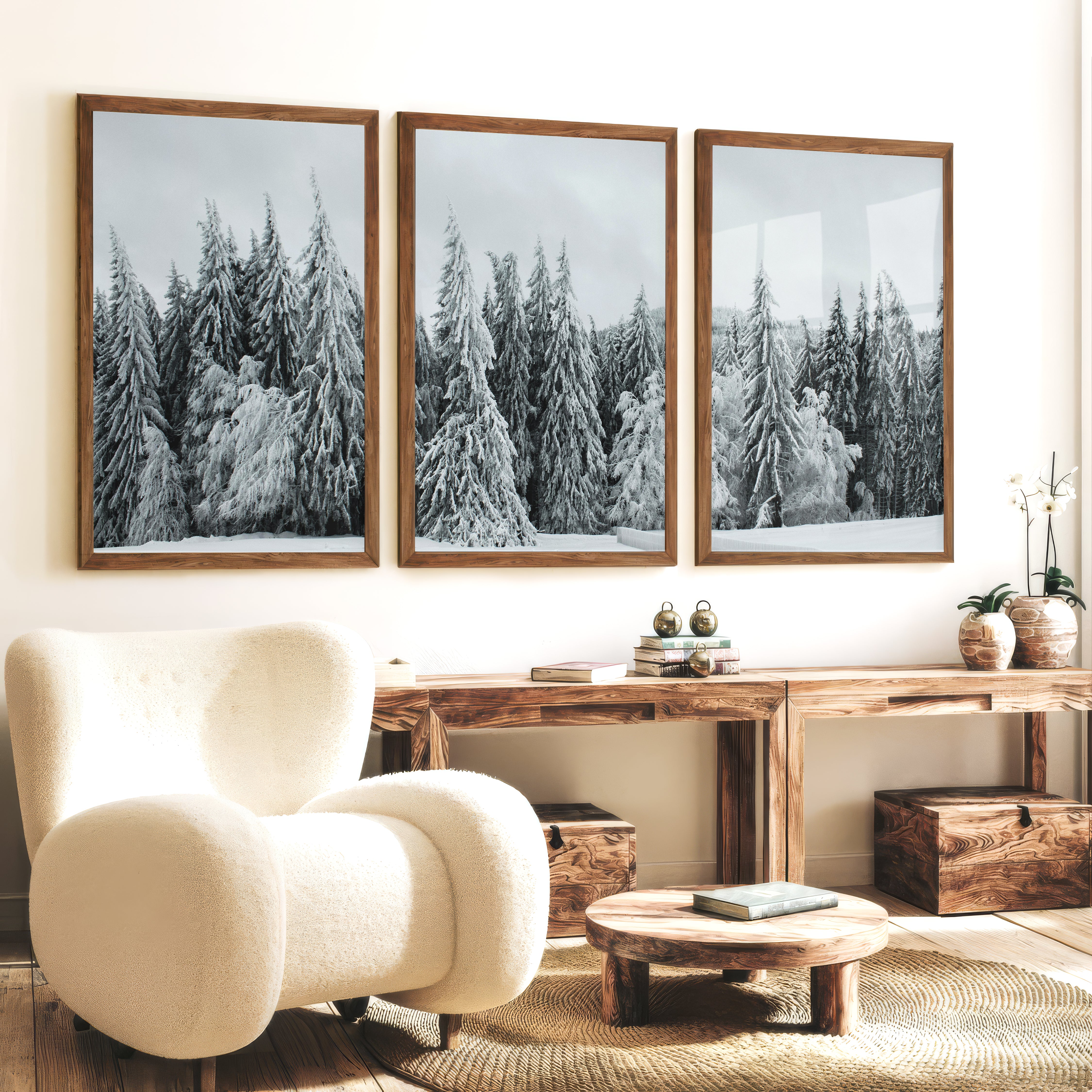 Winter Wall Art Triptych – Snowy Pine Forest Photography - Dark Brown Framed Poster No Border - Artworksets