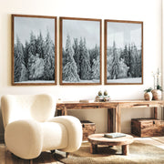 Winter Wall Art Triptych – Snowy Pine Forest Photography - Dark Brown Framed Poster No Border - Artworksets