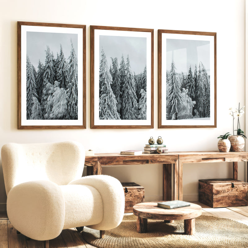 Winter Wall Art Triptych – Snowy Pine Forest Photography - Dark Brown Framed Poster with White Border - Artworksets