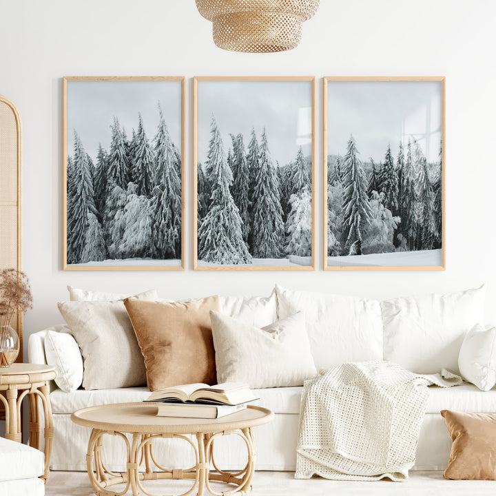 Winter Wall Art Triptych – Snowy Pine Forest Photography - Natural Wood Framed Poster No Border - Artworksets