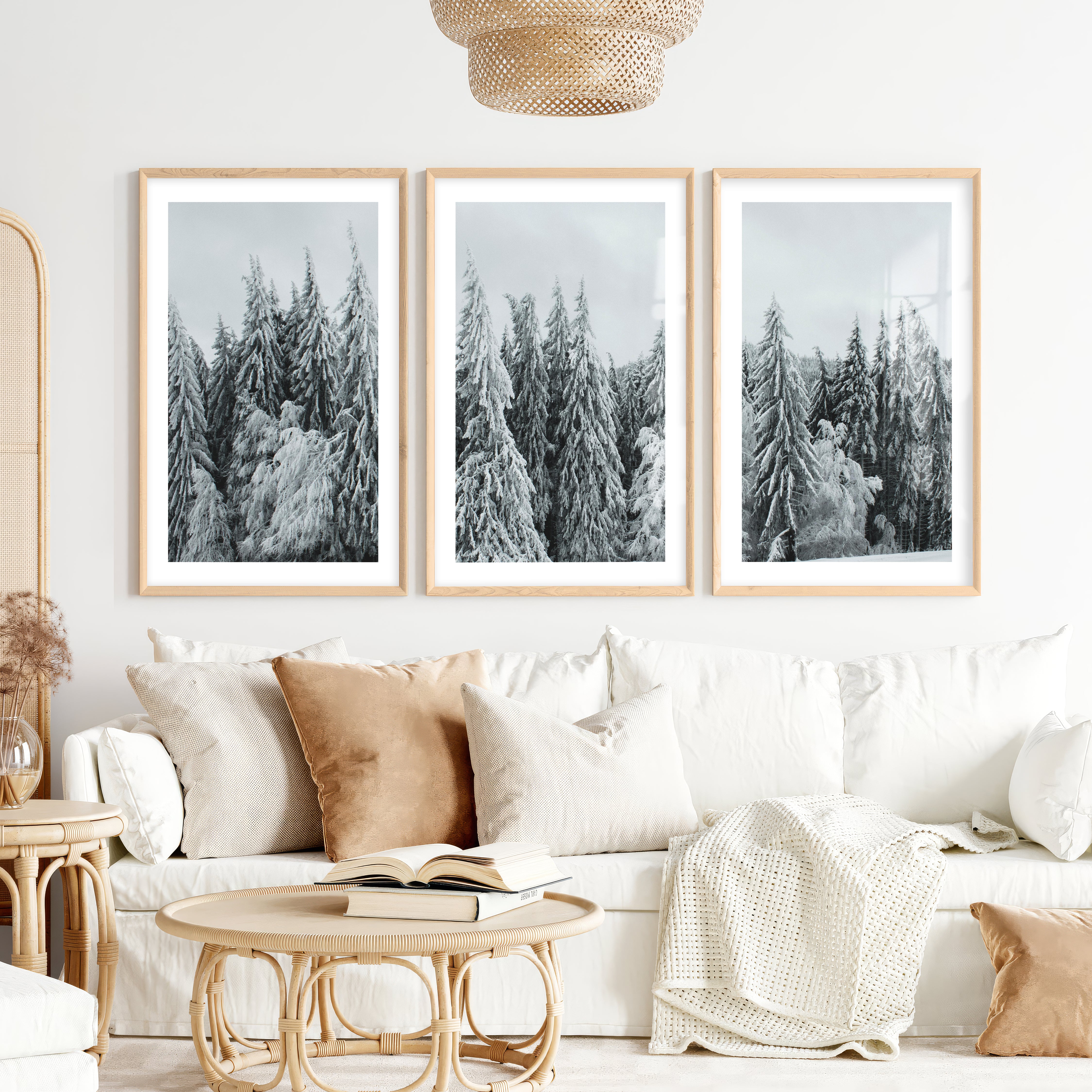 Winter Wall Art Triptych – Snowy Pine Forest Photography- Natural Wood Framed Poster with White Border - Artworksets