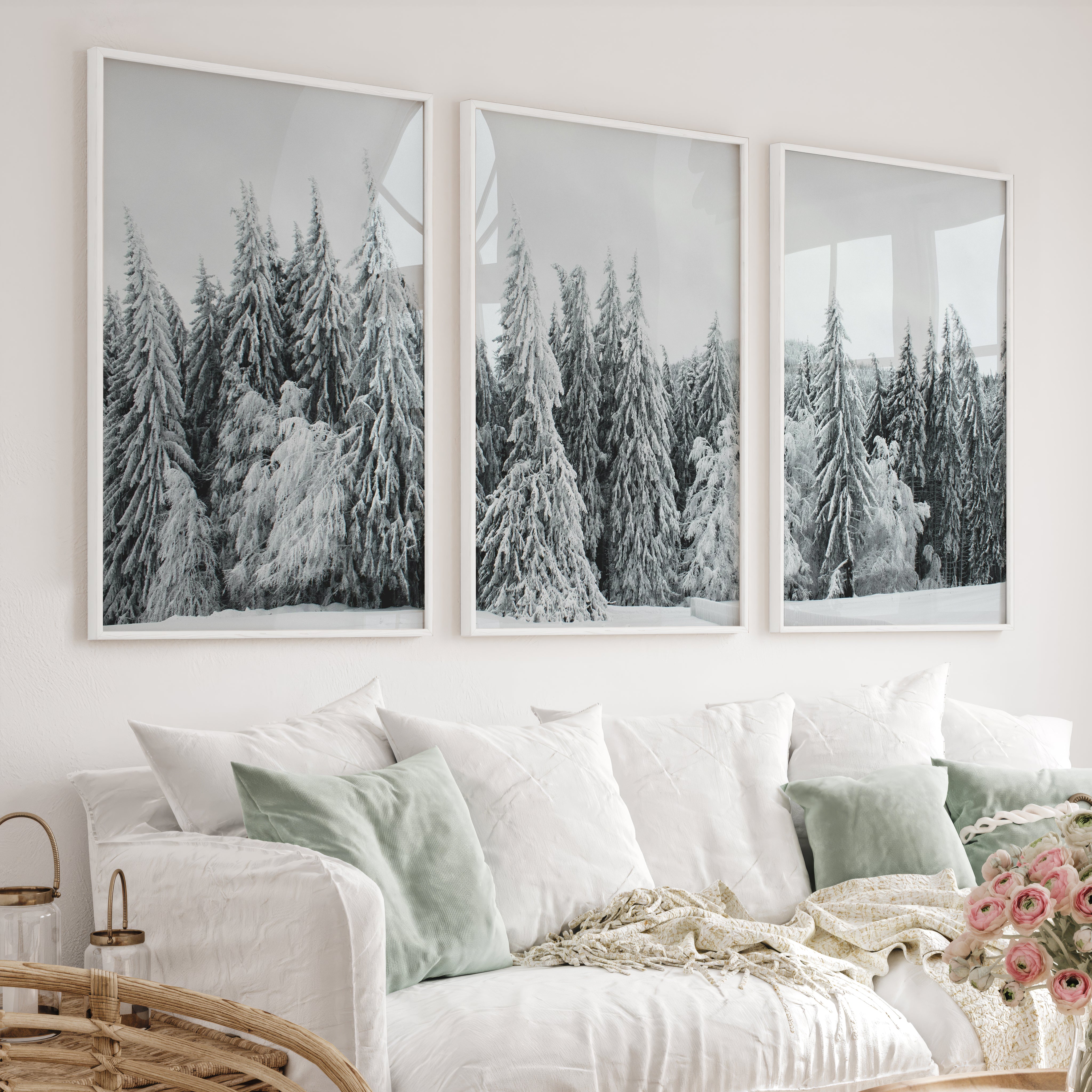 Winter Wall Art Triptych – Snowy Pine Forest Photography - White Framed Poster No Border - Artworksets